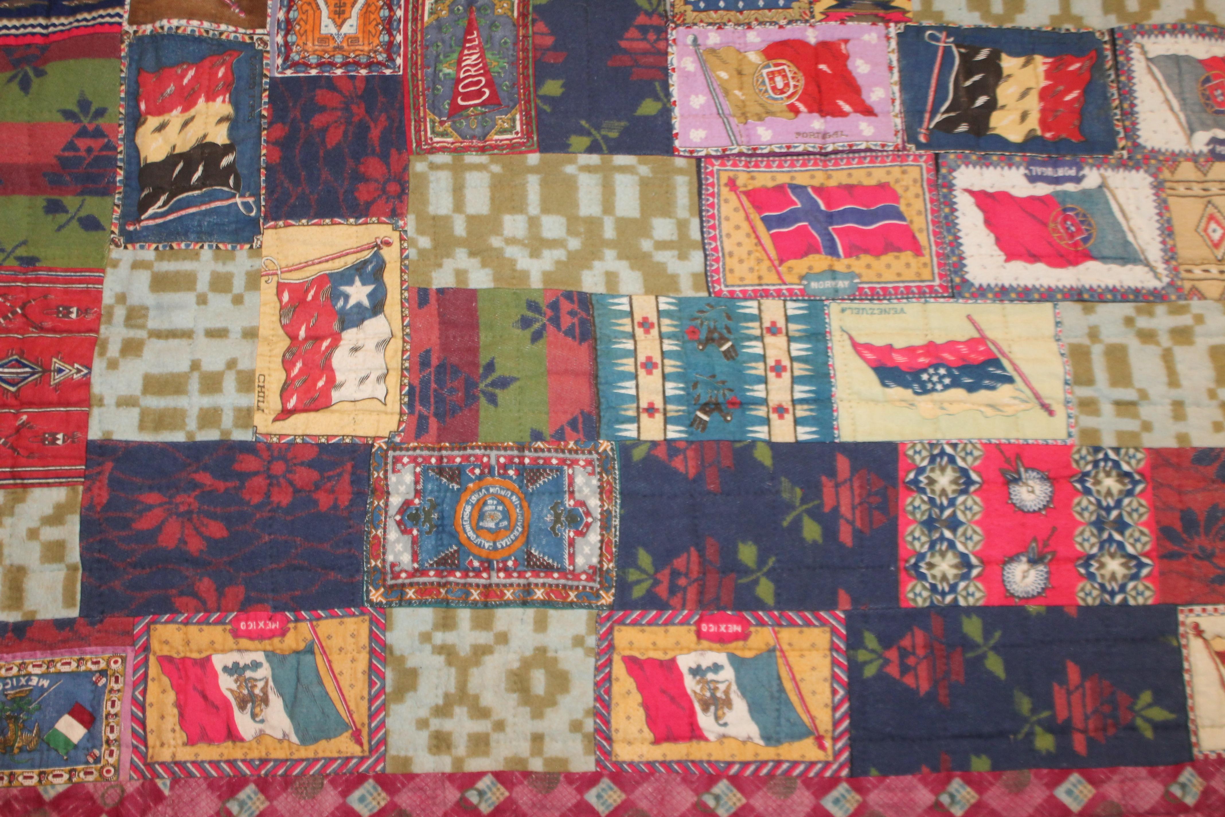 Multi-Country Flag Flannel Quilt with Indian Blanket Trim 3
