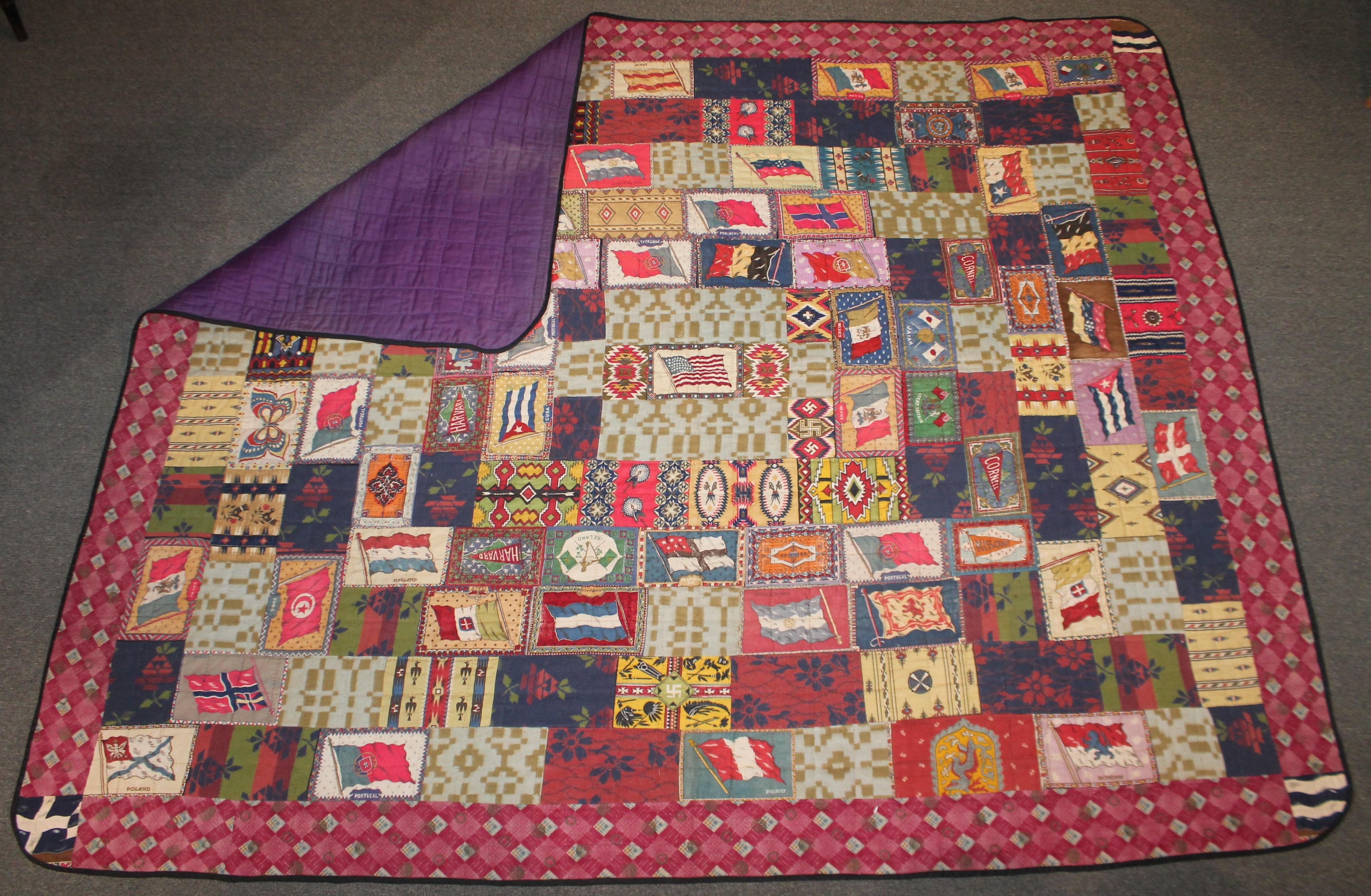 Multi-different country cigar premium quilt with an American flag center patch. The body of this quilt is made up of Beacon Indian blanket patches. The backing is a solid purple cotton sateen fabric.