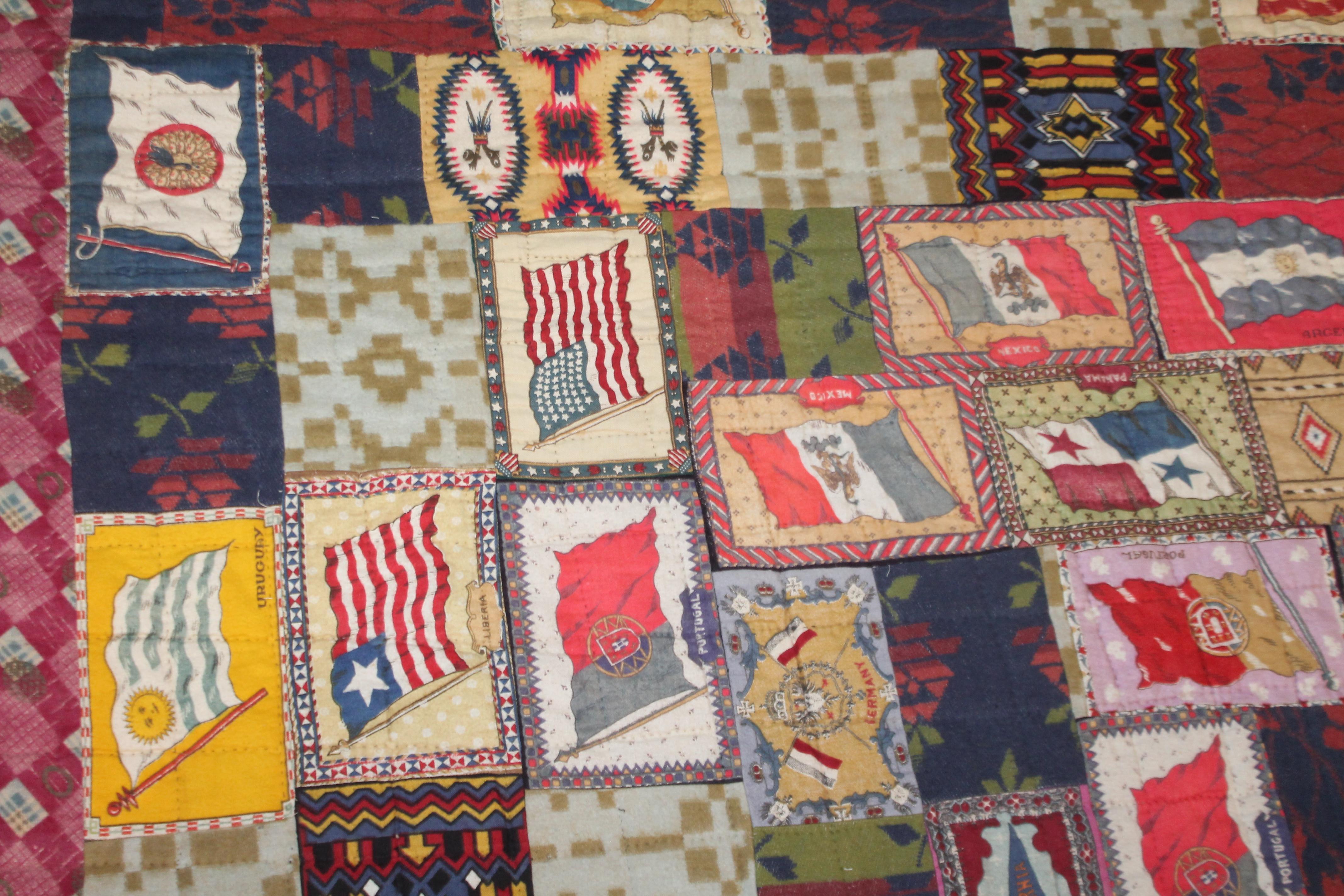 Hand-Crafted Multi-Country Flag Flannel Quilt with Indian Blanket Trim