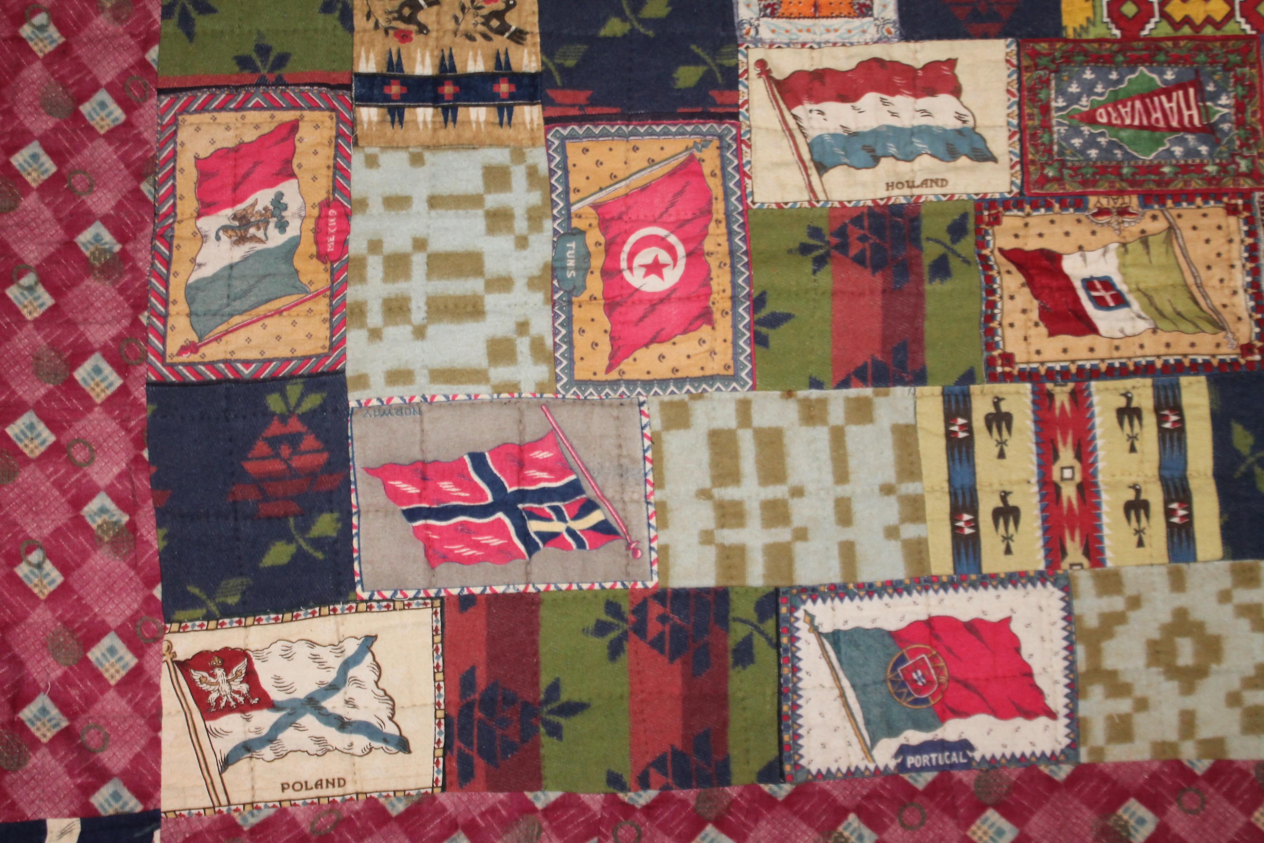 Multi-Country Flag Flannel Quilt with Indian Blanket Trim In Good Condition In Los Angeles, CA