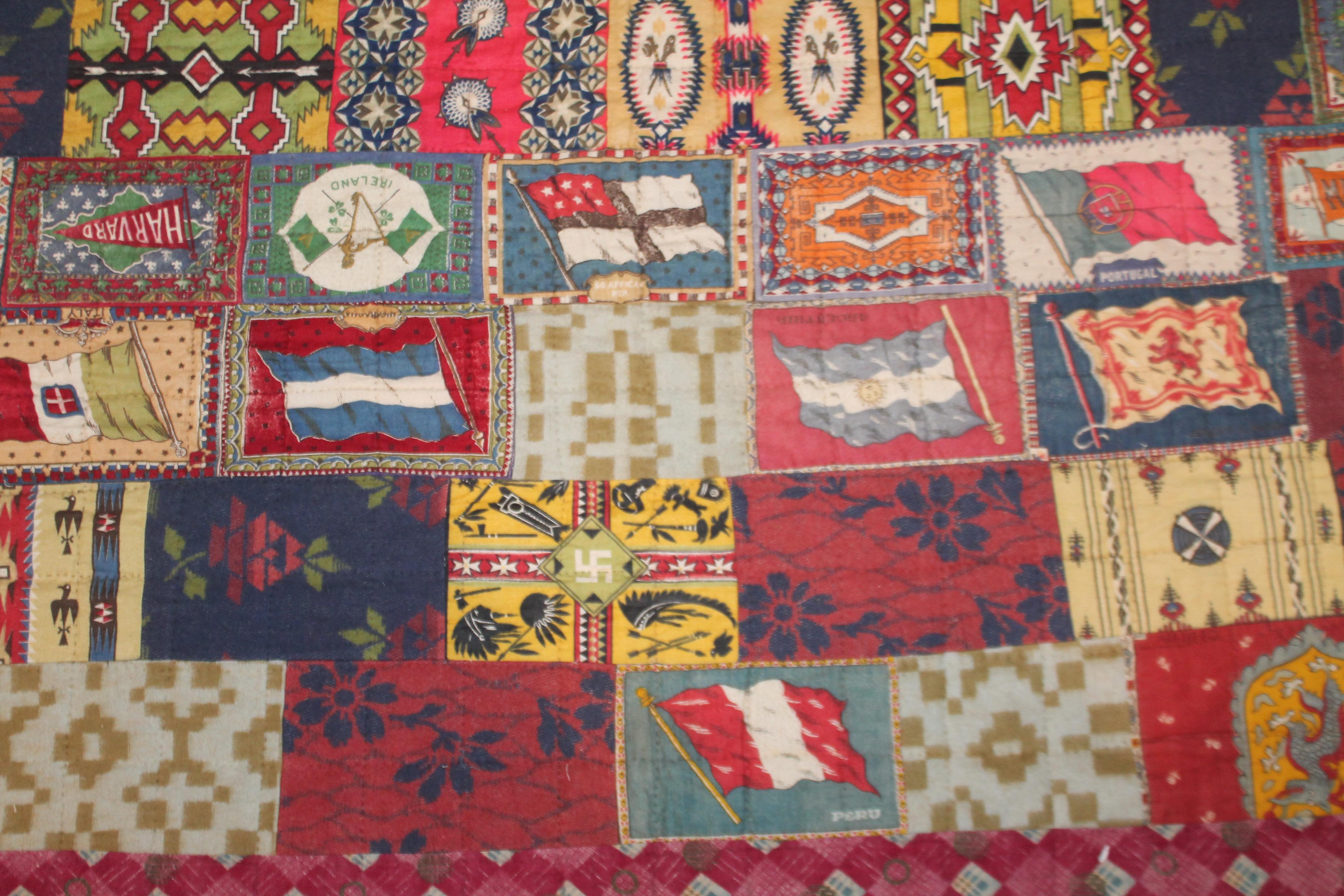 20th Century Multi-Country Flag Flannel Quilt with Indian Blanket Trim