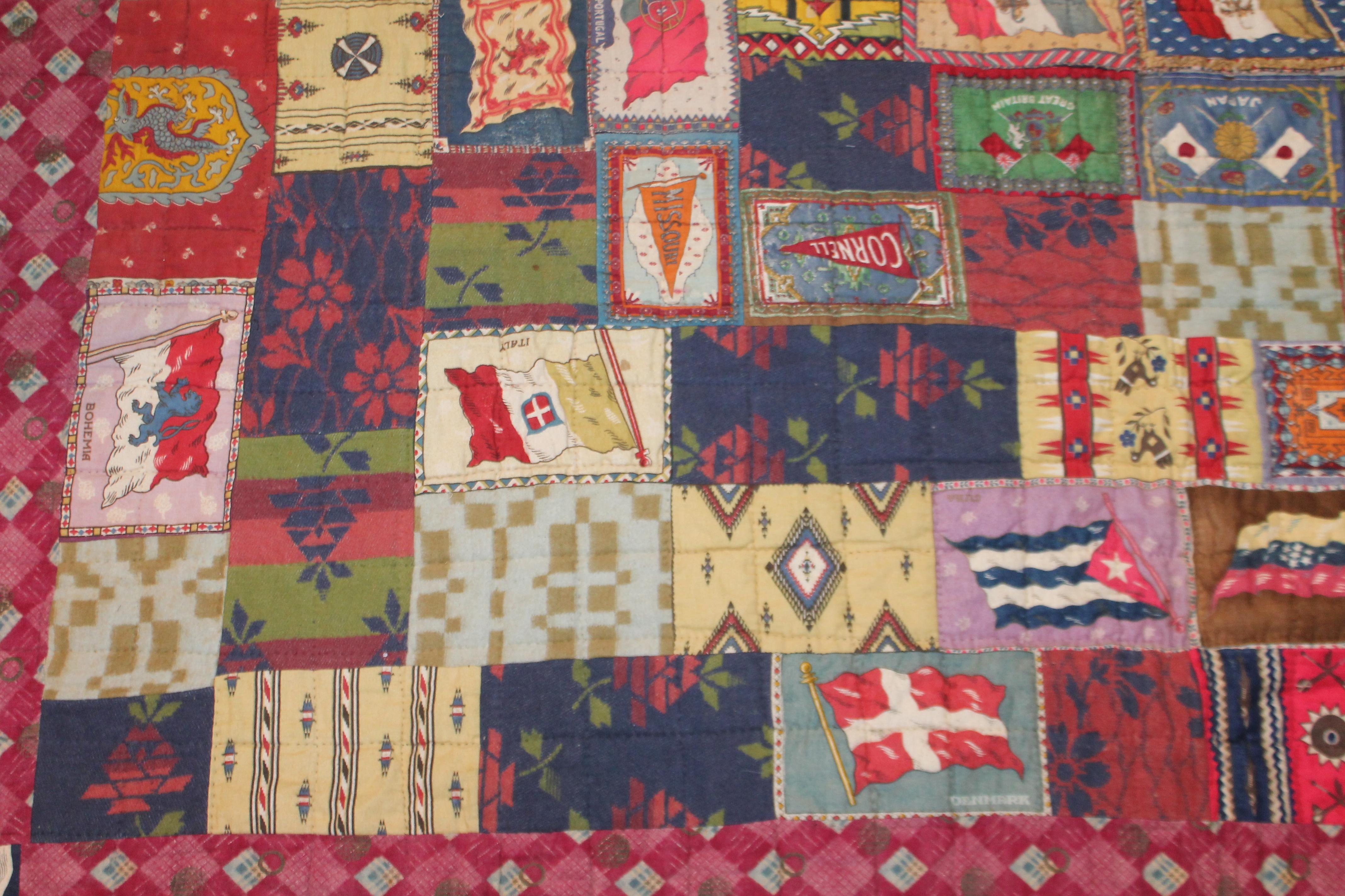 Multi-Country Flag Flannel Quilt with Indian Blanket Trim 1