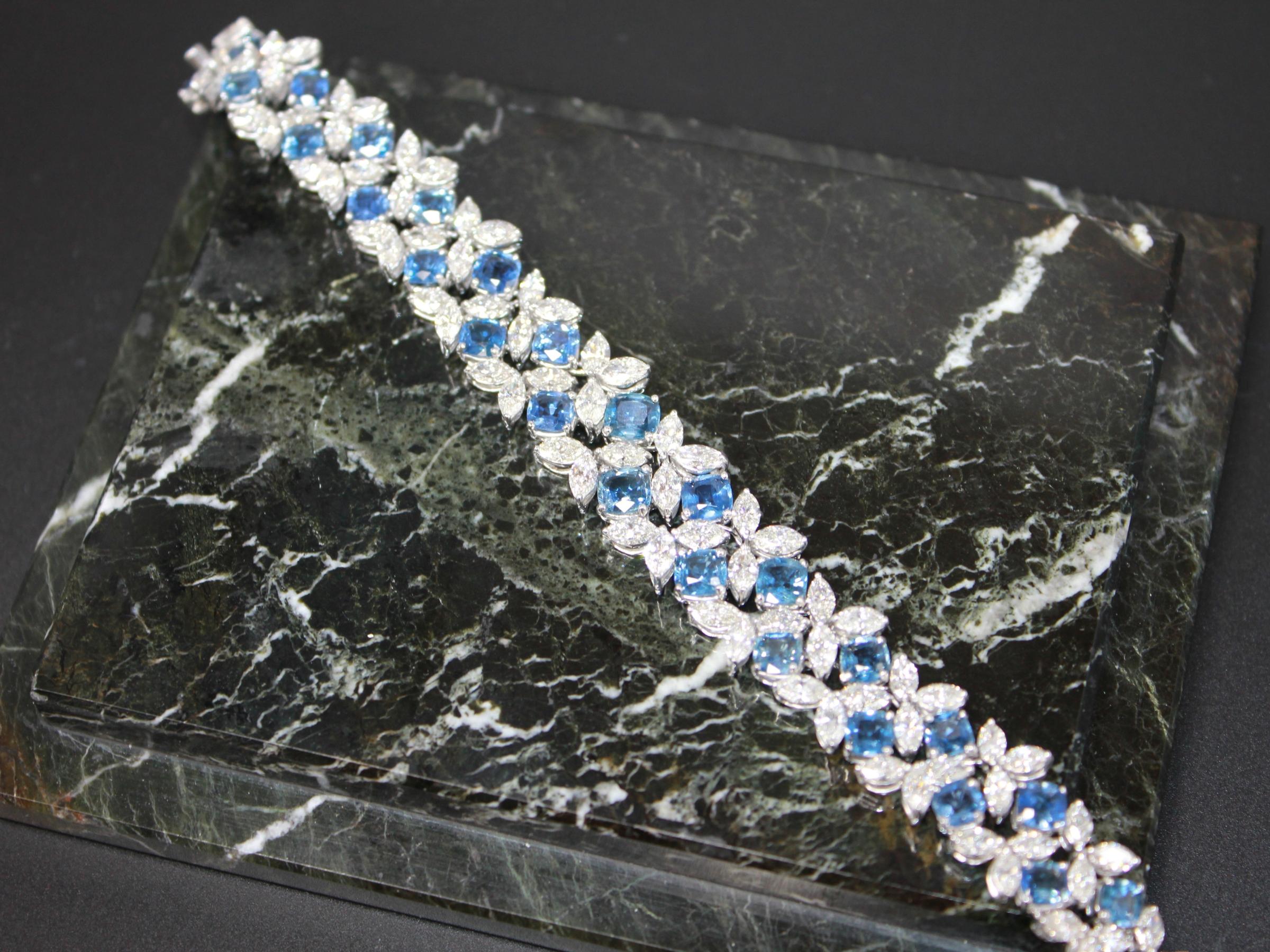 Multi Cushion Shape Blue Sapphire Diamond 18 Karat White Gold Tennis Bracelet For Sale 7
