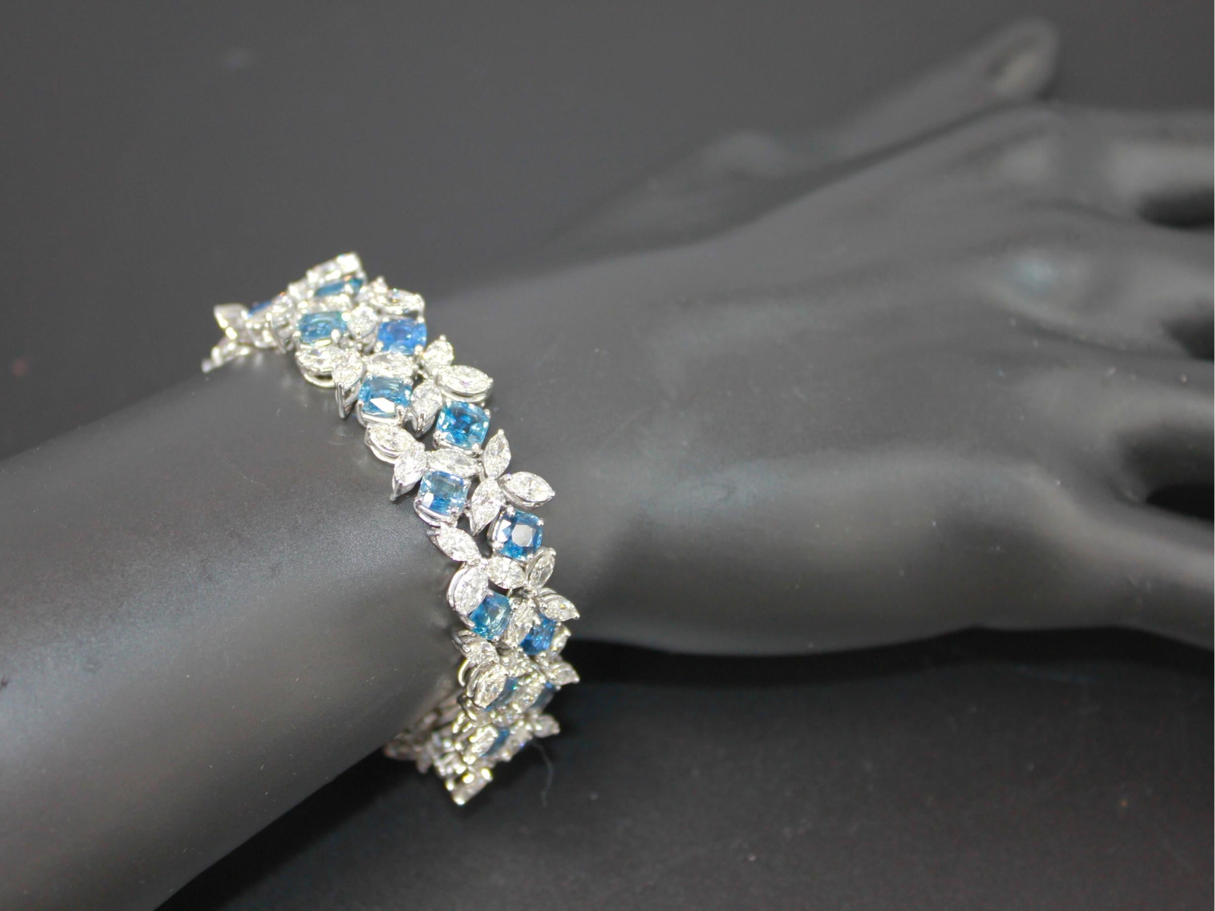 Multi Cushion Shape Blue Sapphire Diamond 18 Karat White Gold Tennis Bracelet For Sale 8
