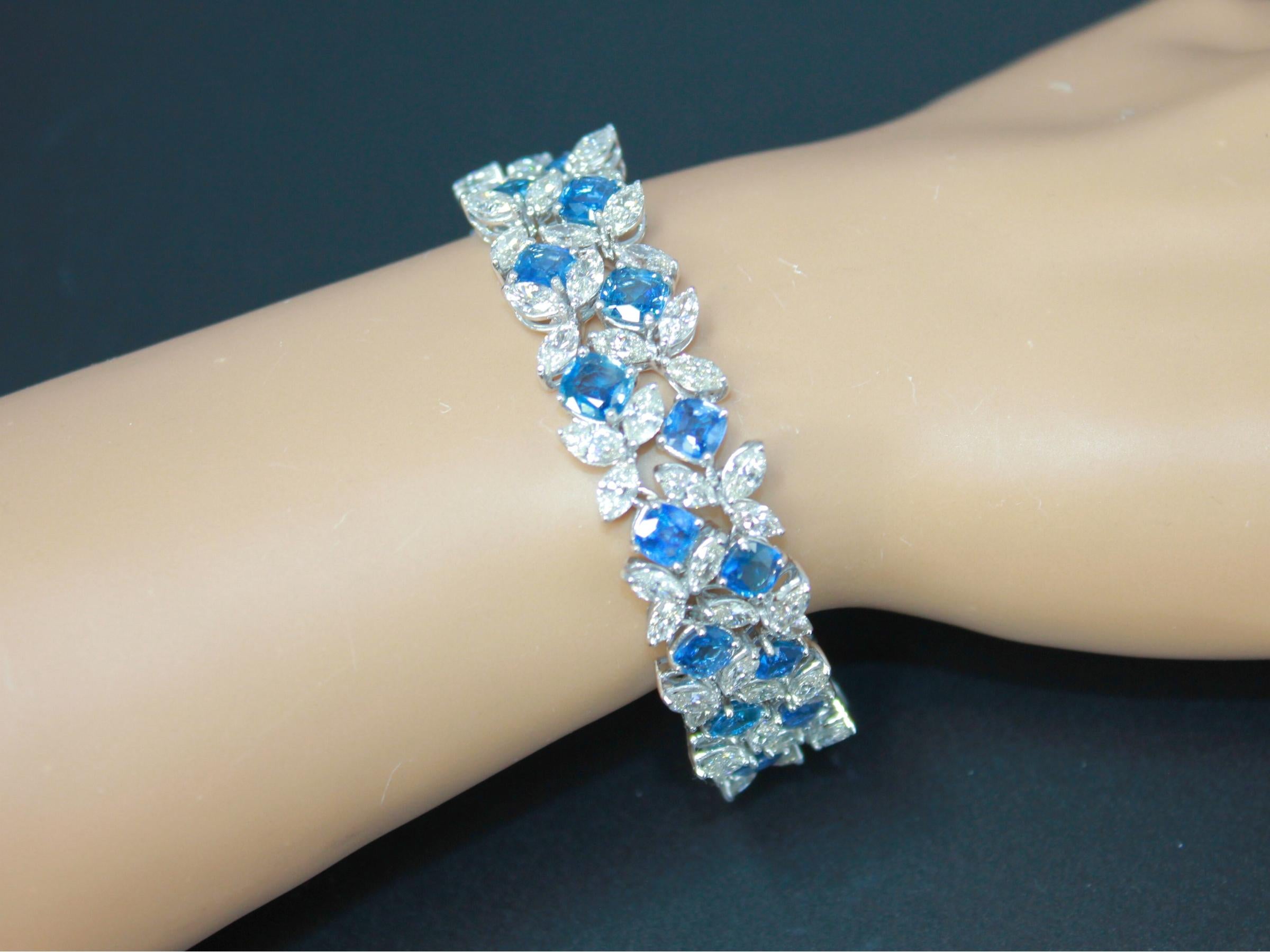 Multi Cushion Shape Blue Sapphire Diamond 18 Karat White Gold Tennis Bracelet For Sale 11