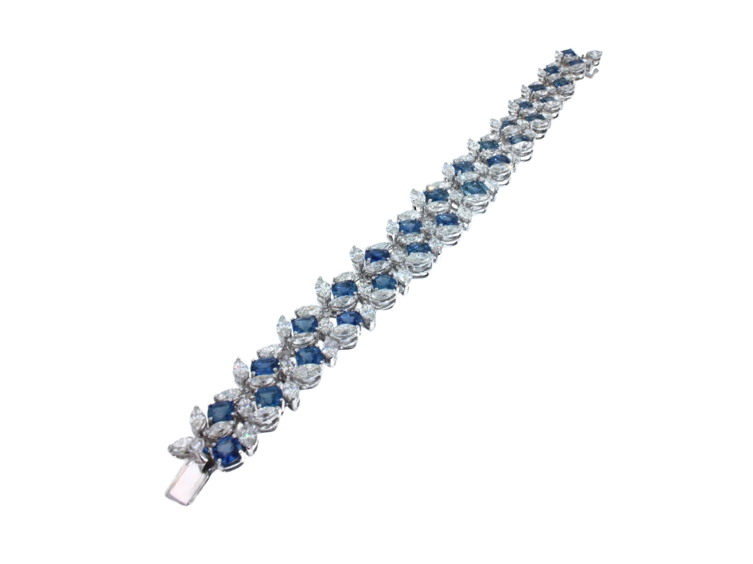Modern Multi Cushion Shape Blue Sapphire Diamond 18 Karat White Gold Tennis Bracelet For Sale