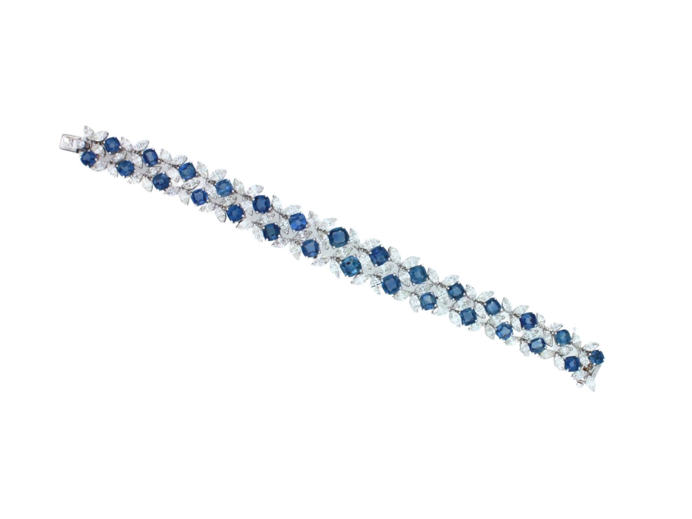 Cushion Cut Multi Cushion Shape Blue Sapphire Diamond 18 Karat White Gold Tennis Bracelet For Sale