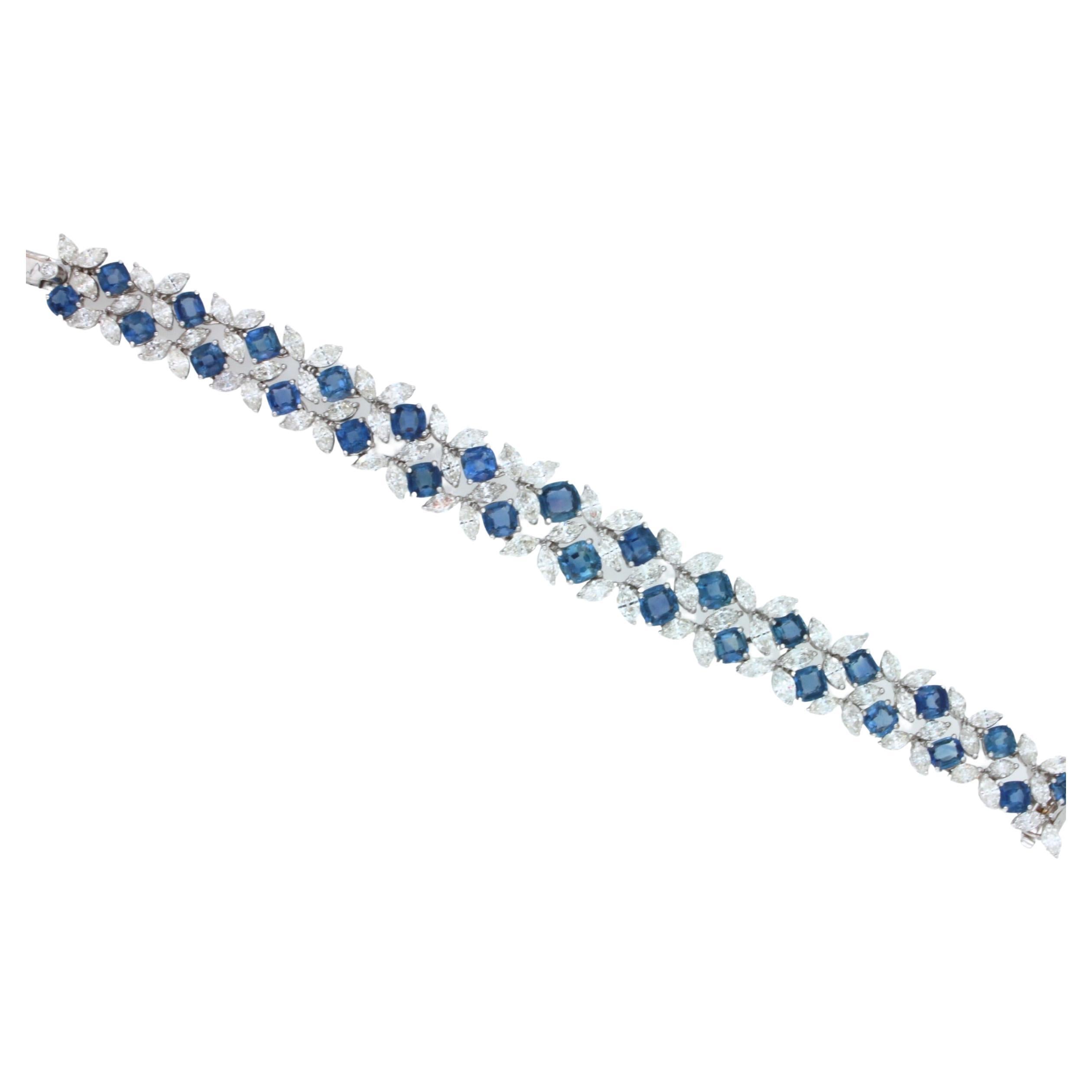 Bracelet tennis en or blanc 18 carats avec saphirs bleus et diamants de forme coussin