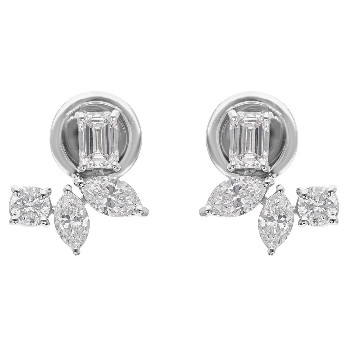 Natural Diamond Cluster Stud Earrings 1.39 Carats Multi Shape 18K White Gold