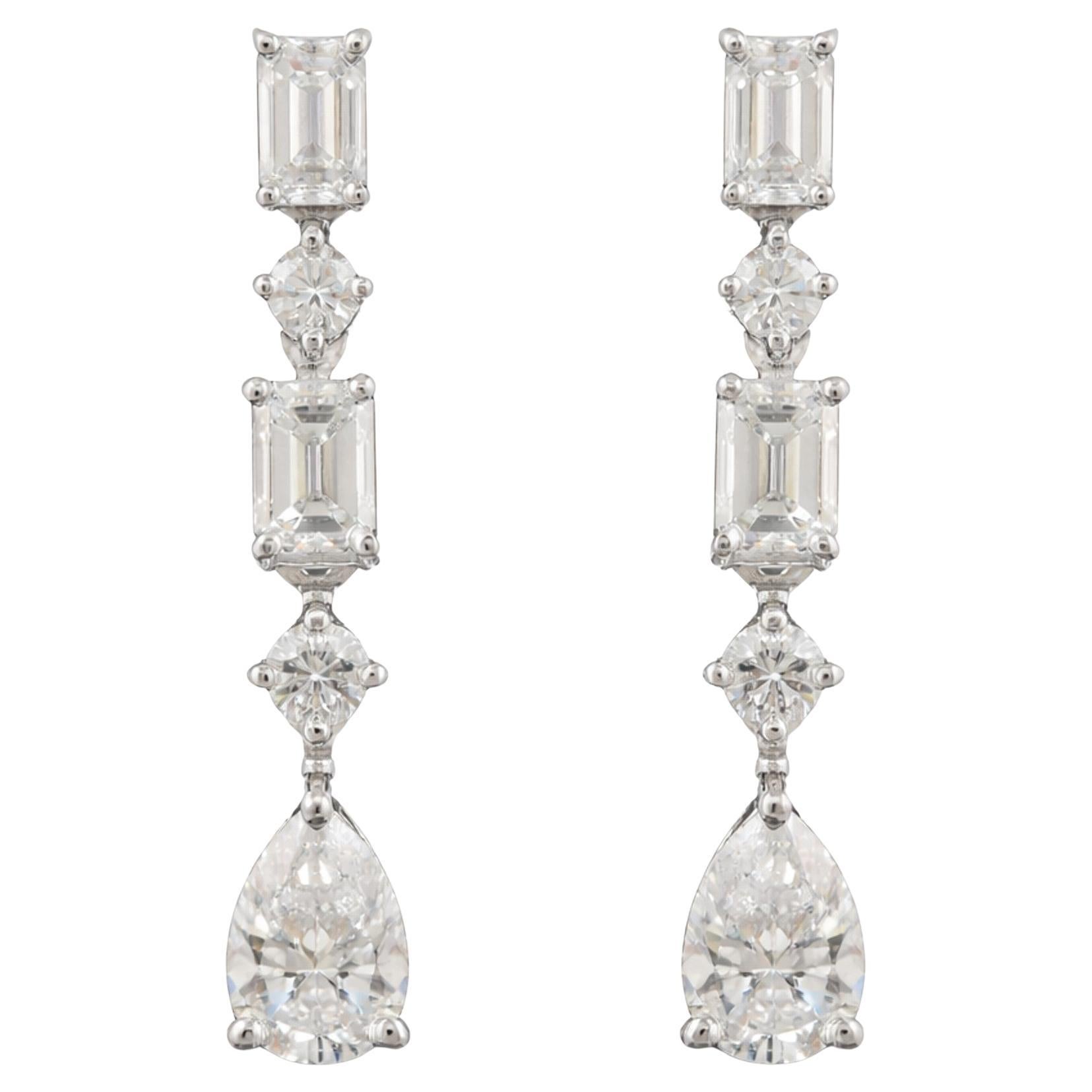 Natural Diamond Drop Earrings 1.46 Carats 14K White Gold Pear and Emerald Cut