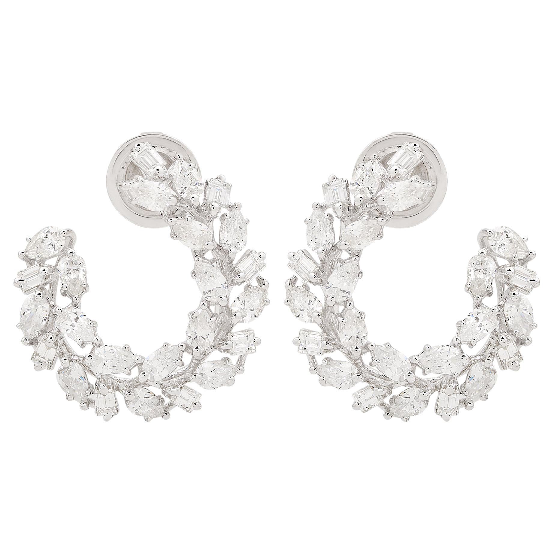 Multi Cut 2.30Ct SI/H Natural Diamond Open C-Hoop Earrings 14k White Fine Gold