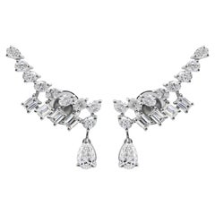 2.70 ct Pear Oval & Baguette Diamond Climber Earrings 18K White Gold Bridal Gift