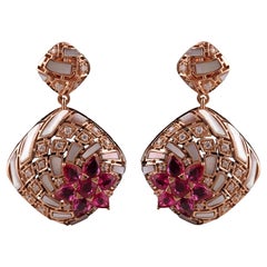 3.67 ct Ruby, Mother-of-Pearl & Diamond Floral Drop Earrings in 18K Rose Gold