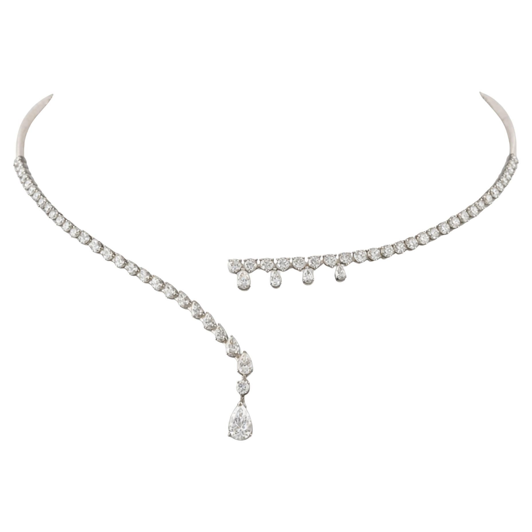 4.63 Ct Diamond Open Collar Necklace with Fringe and Pear Drop in 14K White Gold For Sale