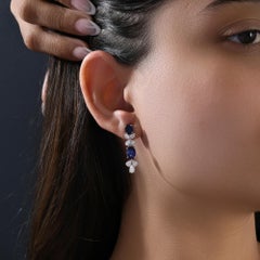 Multischliff 7,43 TCW Blauer Saphir mit Diamant Ohrringe baumeln 18k Weißgold