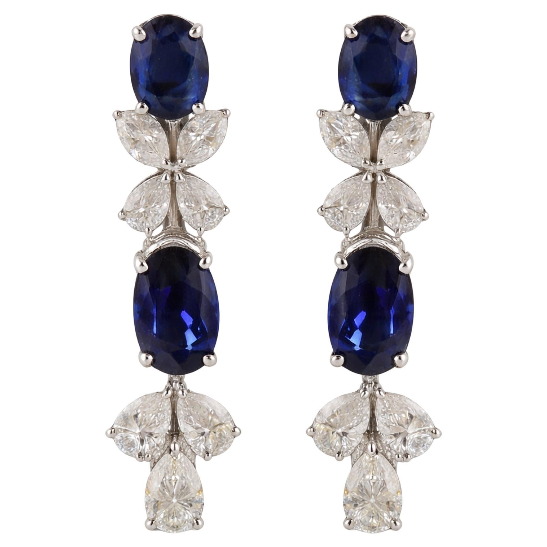 Natural Diamond and Sapphire Drop Earrings 1.78 Carats Diamond 18K White Gold