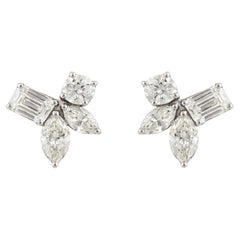 Multi-Cut Diamond Cluster Stud Earrings with Emerald & Marquise 18k White Gold