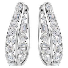 Multi-Cut Natural Diamond Inside Out Hoop Earrings 18K White Gold Handmade Pair