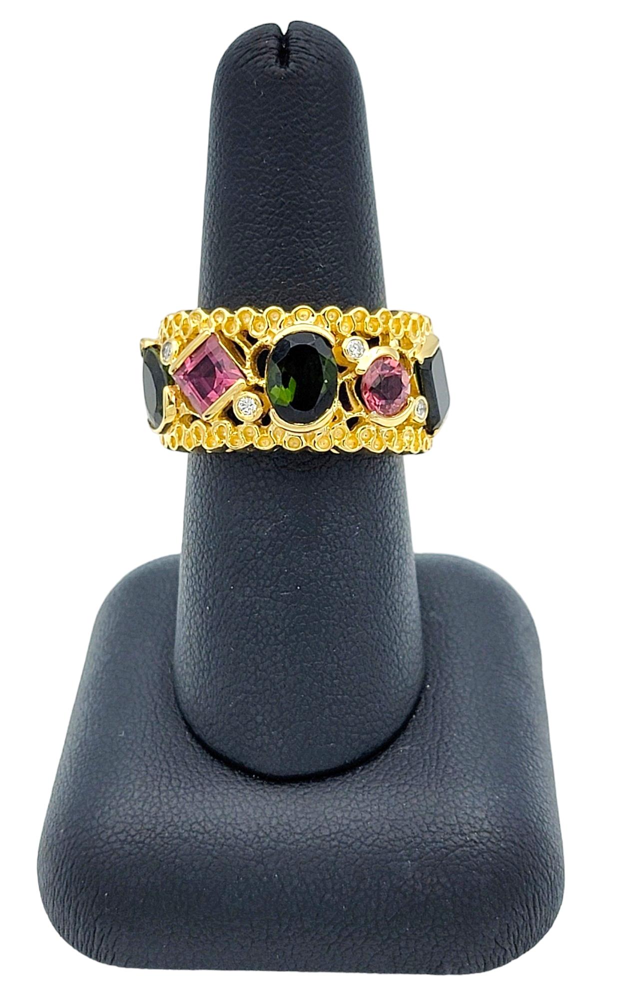 Multi-Cut Pink and Green Tourmaline Wide Band Ring Set in 14 Karat Yellow Gold For Sale 4