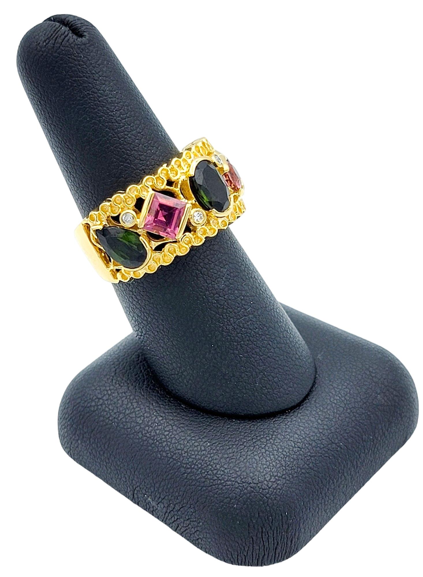Multi-Cut Pink and Green Tourmaline Wide Band Ring Set in 14 Karat Yellow Gold For Sale 5