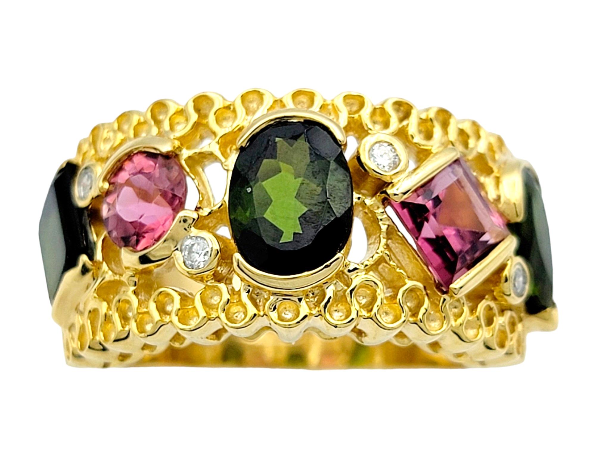 Ring Size: 8

This captivating band ring exudes a vibrant and eclectic charm with its array of tourmalines set in warm 14 karat yellow gold. Each tourmaline, boasting hues of pink and green, adds a unique touch of color and character to the ring.