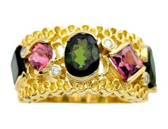 Multi-Cut Pink and Green Tourmaline Wide Band Ring Set in 14 Karat Yellow Gold