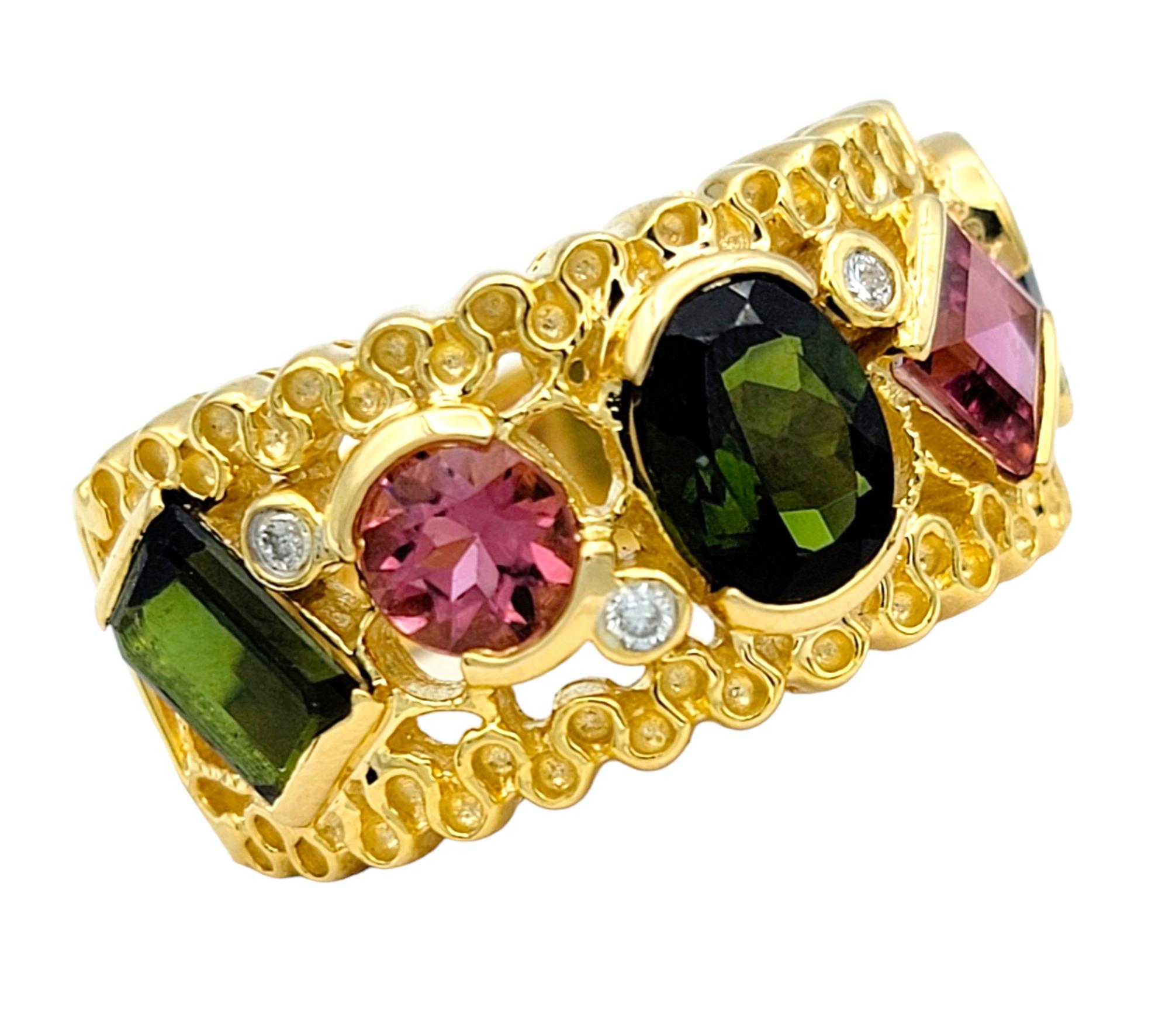 Contemporary Multi-Cut Pink and Green Tourmaline Wide Band Ring Set in 14 Karat Yellow Gold For Sale