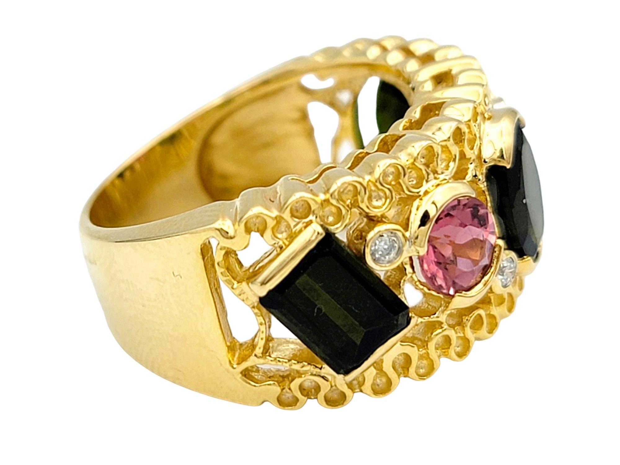 Oval Cut Multi-Cut Pink and Green Tourmaline Wide Band Ring Set in 14 Karat Yellow Gold For Sale