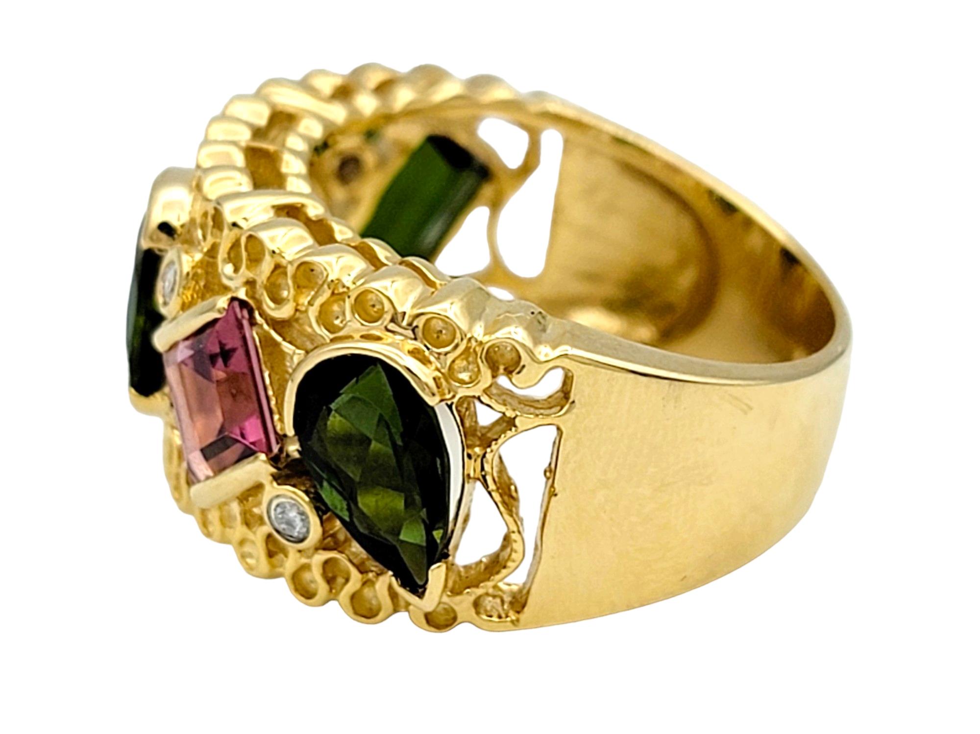 Multi-Cut Pink and Green Tourmaline Wide Band Ring Set in 14 Karat Yellow Gold In Good Condition For Sale In Scottsdale, AZ