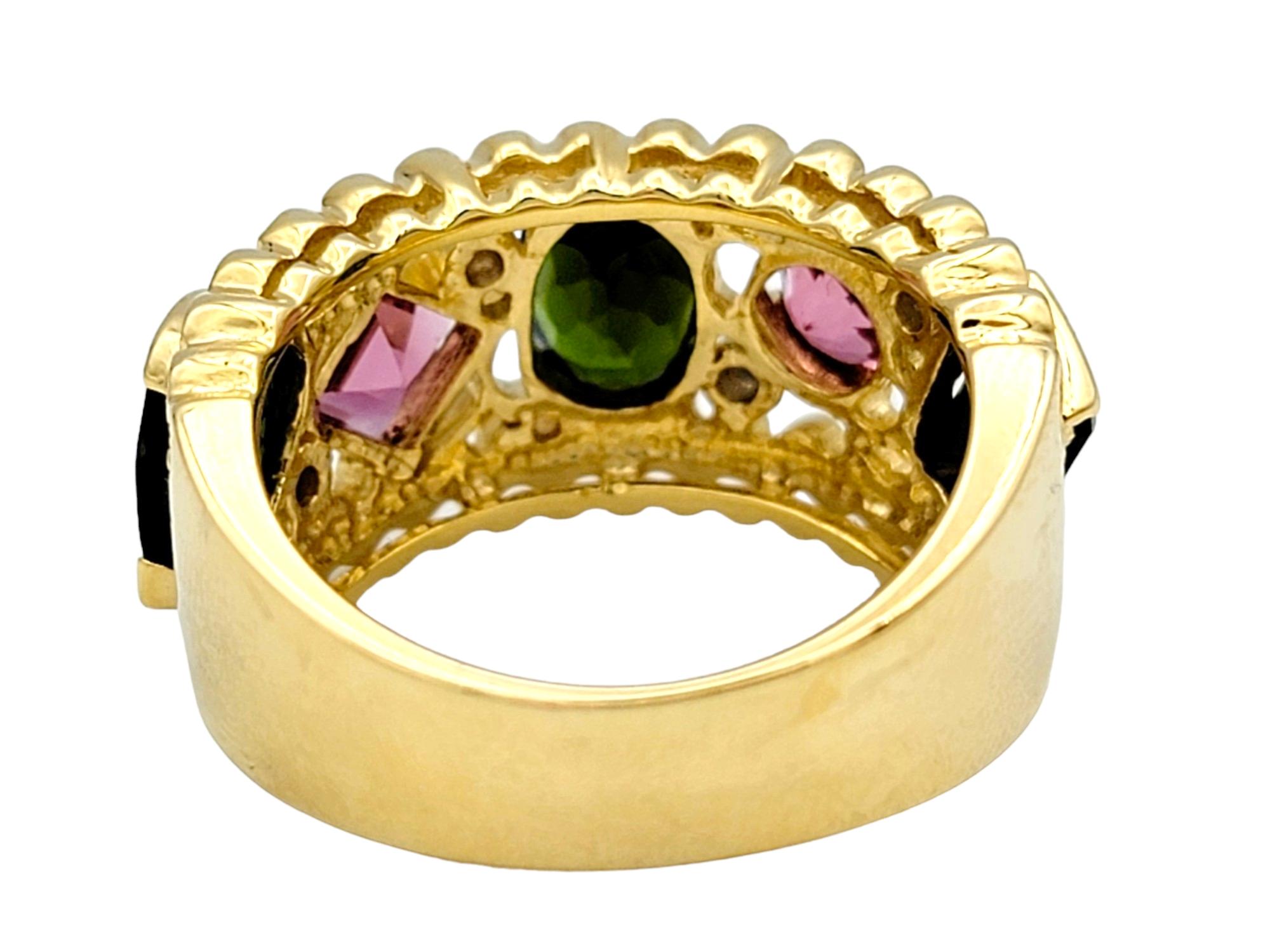 Women's Multi-Cut Pink and Green Tourmaline Wide Band Ring Set in 14 Karat Yellow Gold For Sale