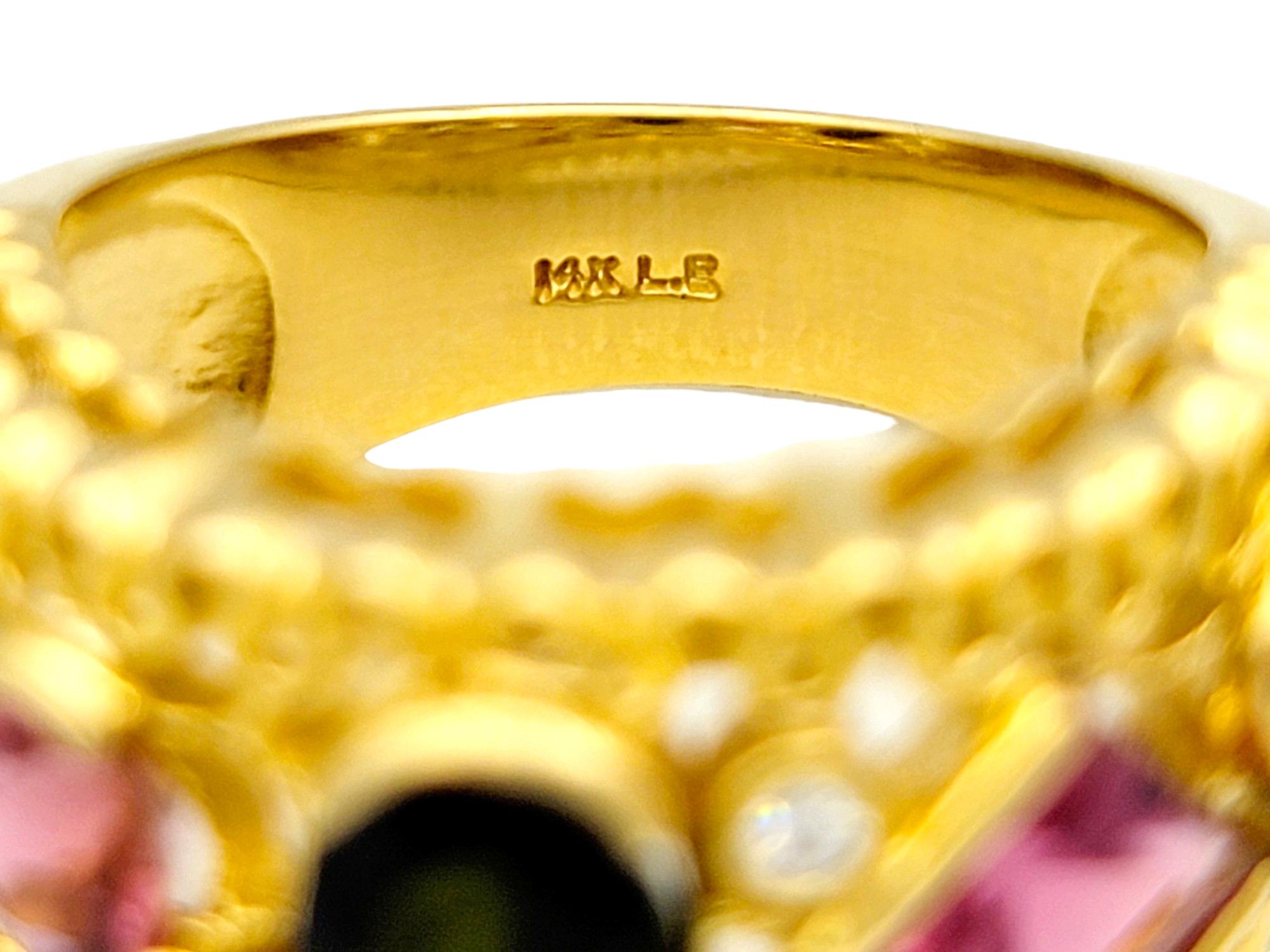 Breiter Multi-Cut-Ring aus 14 Karat Gelbgold mit rosa und grünem Turmalin im Angebot 1