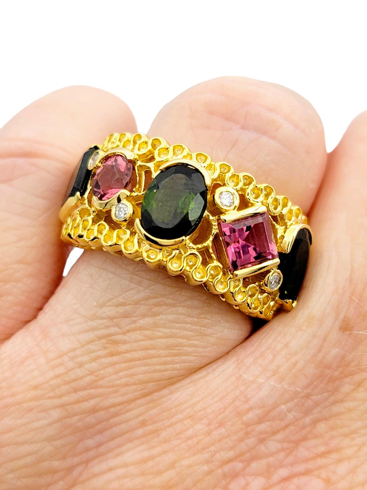 Multi-Cut Pink and Green Tourmaline Wide Band Ring Set in 14 Karat Yellow Gold For Sale 2