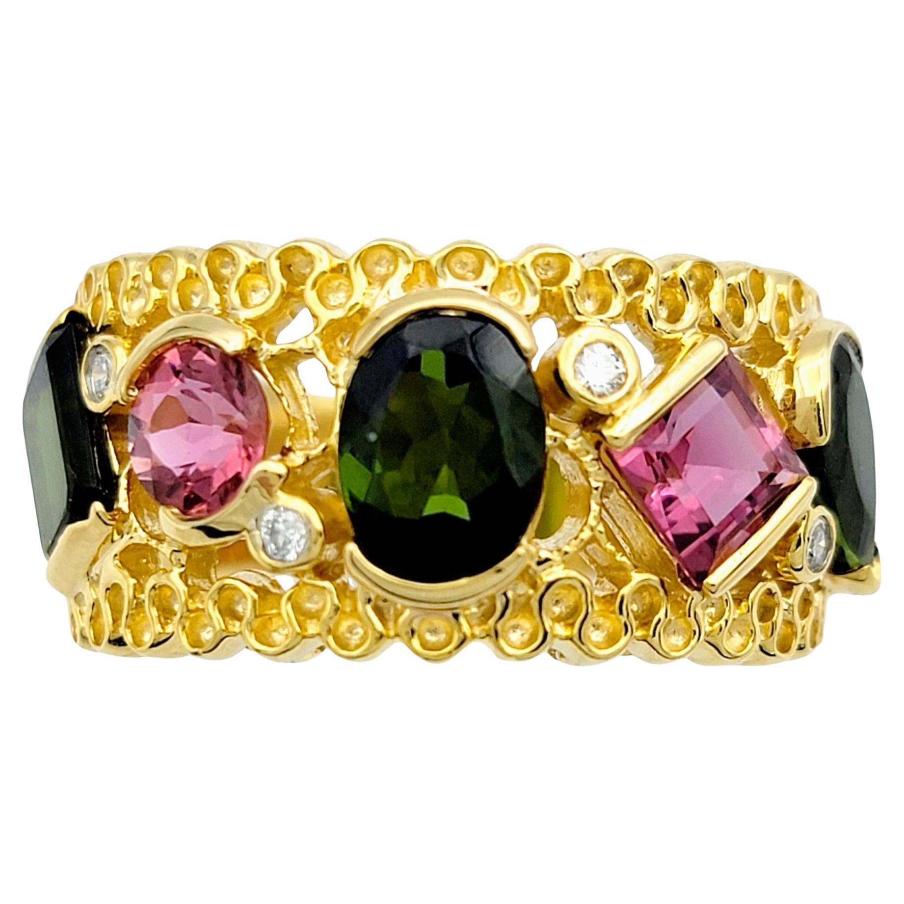 Multi-Cut Pink and Green Tourmaline Wide Band Ring Set in 14 Karat Yellow Gold For Sale