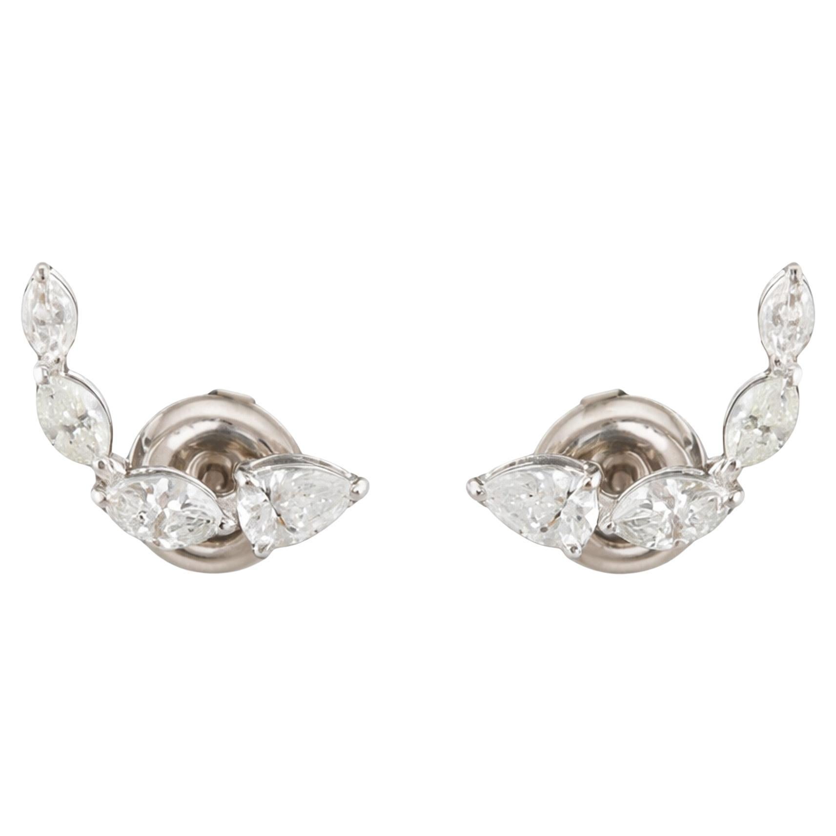 Natural Diamond Ear Climber Earrings 0.96 Carats Multi Shape 18K White Gold