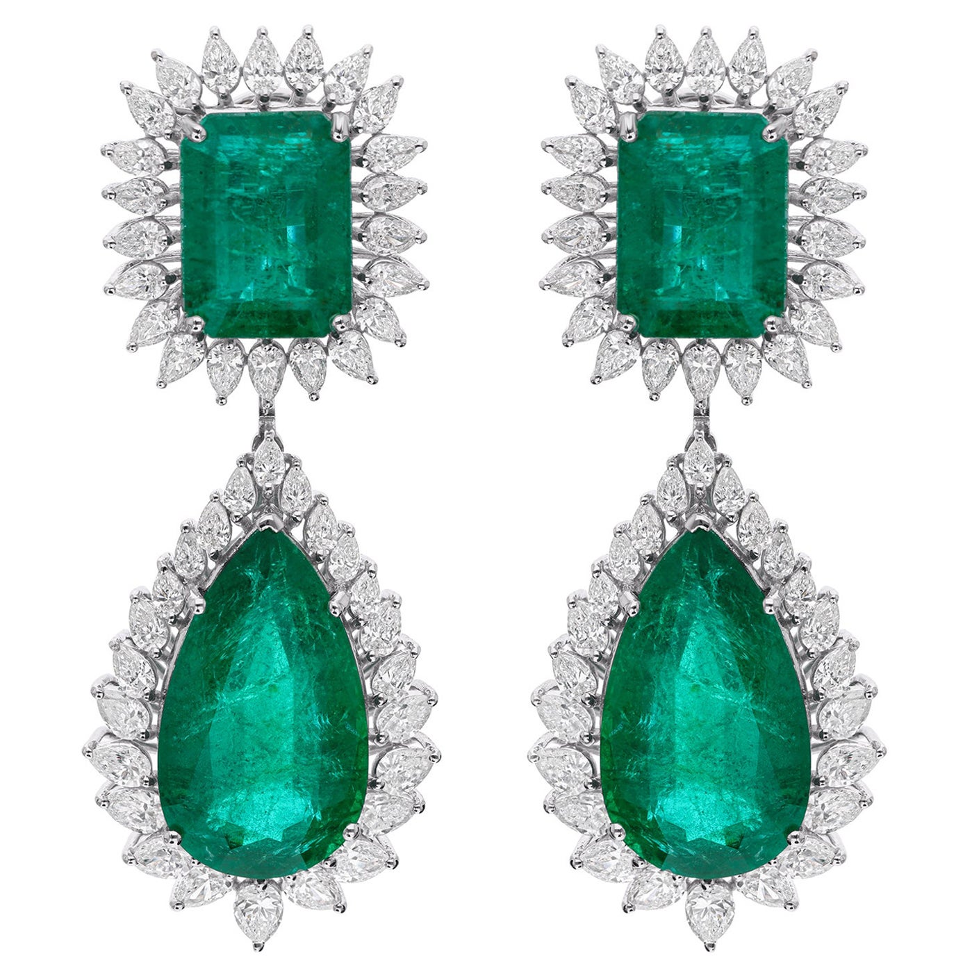 Natural Emerald and Diamond Drop Earrings 29.18 Carats Emerald 18K White Gold