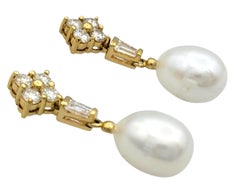 Multi Diamond and Cultured Pearl Drop Dangle Earrings in 18 Karat Yellow Gold