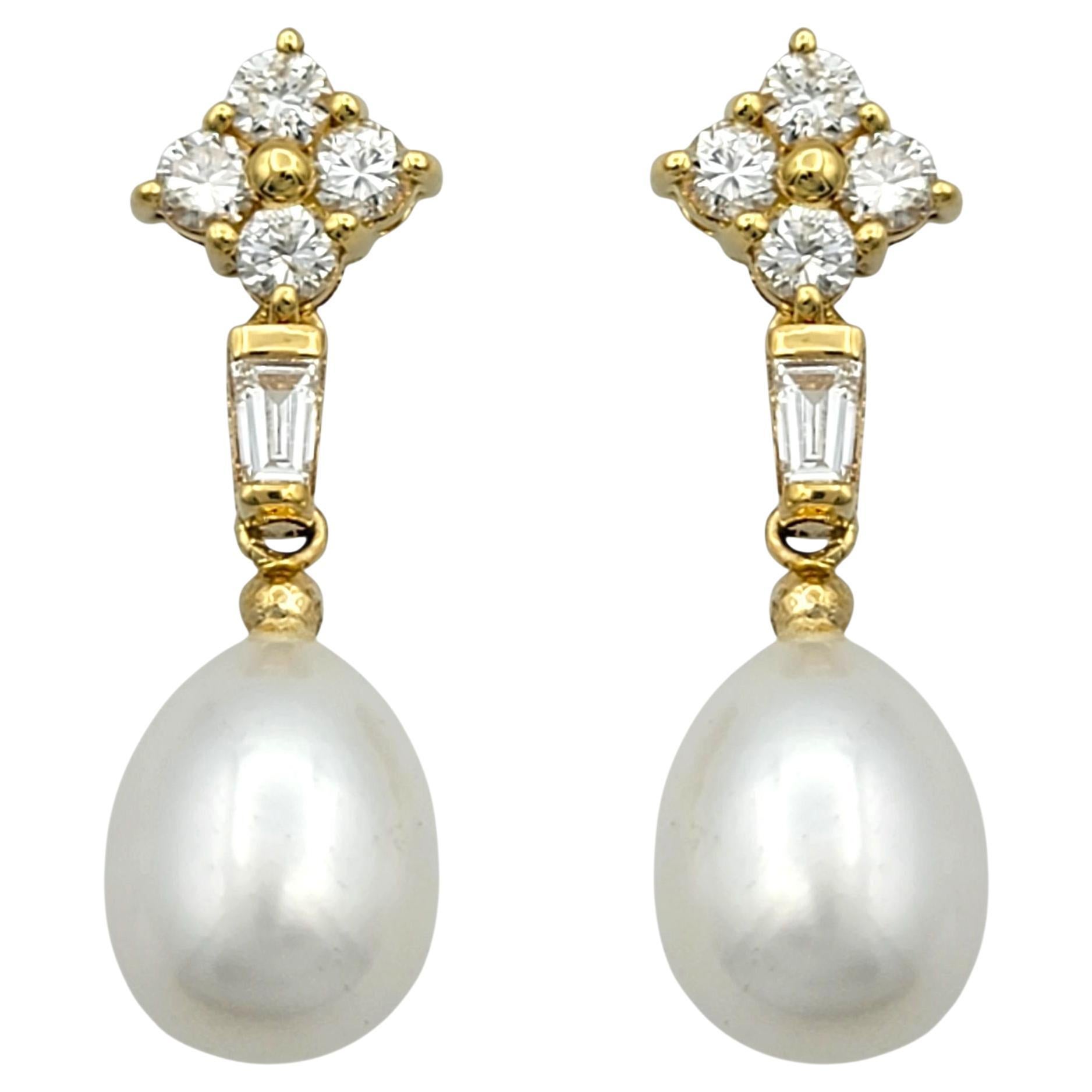 Multi Diamond and Cultured Pearl Drop Dangle Earrings in 18 Karat Yellow Gold