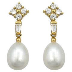 Multi Diamond and Cultured Pearl Drop Dangle Earrings in 18 Karat Yellow Gold