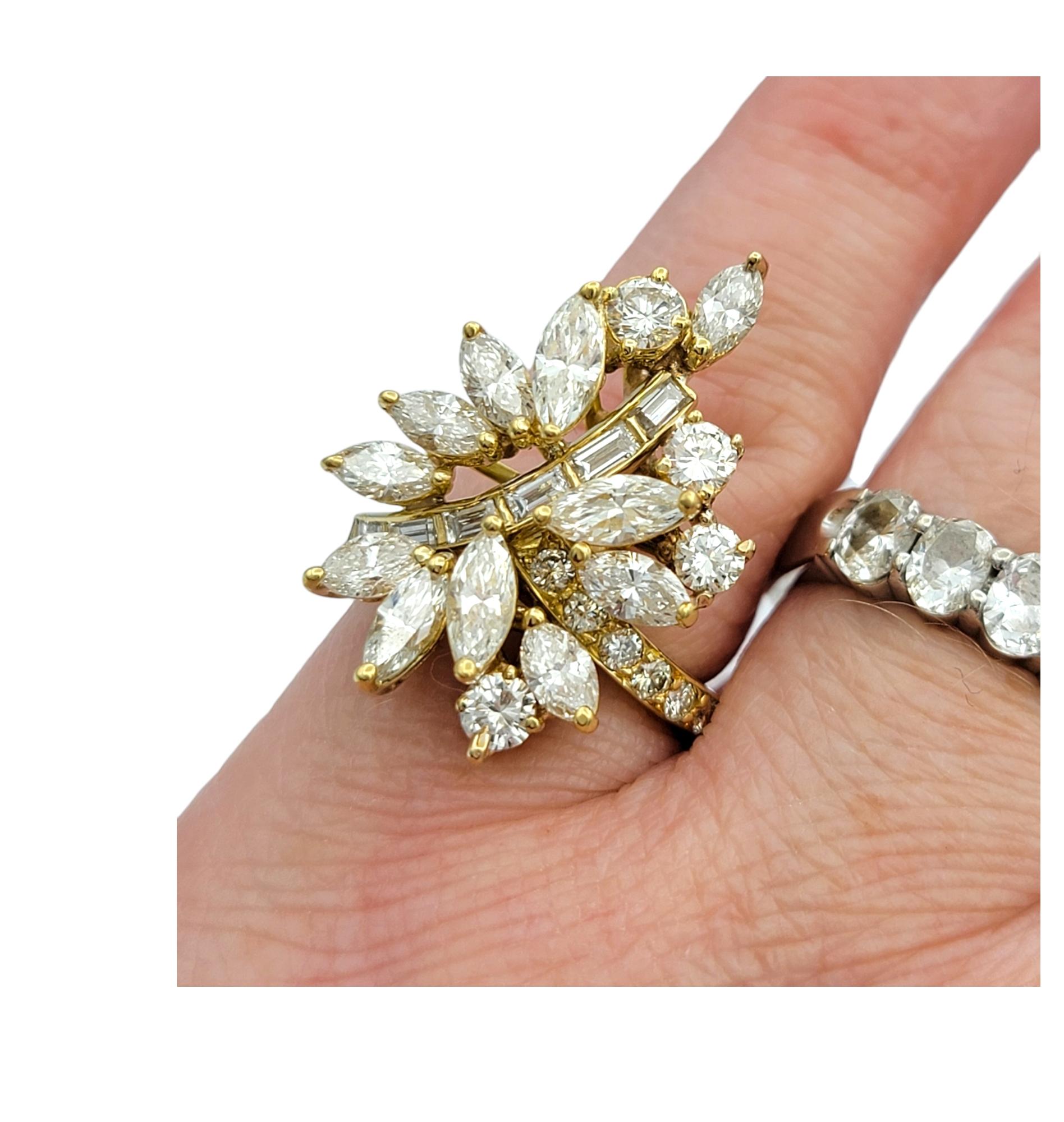Multi-Diamond Asymmetrical Spray Cocktail Ring in Polished 18 Karat Yellow Gold For Sale 3