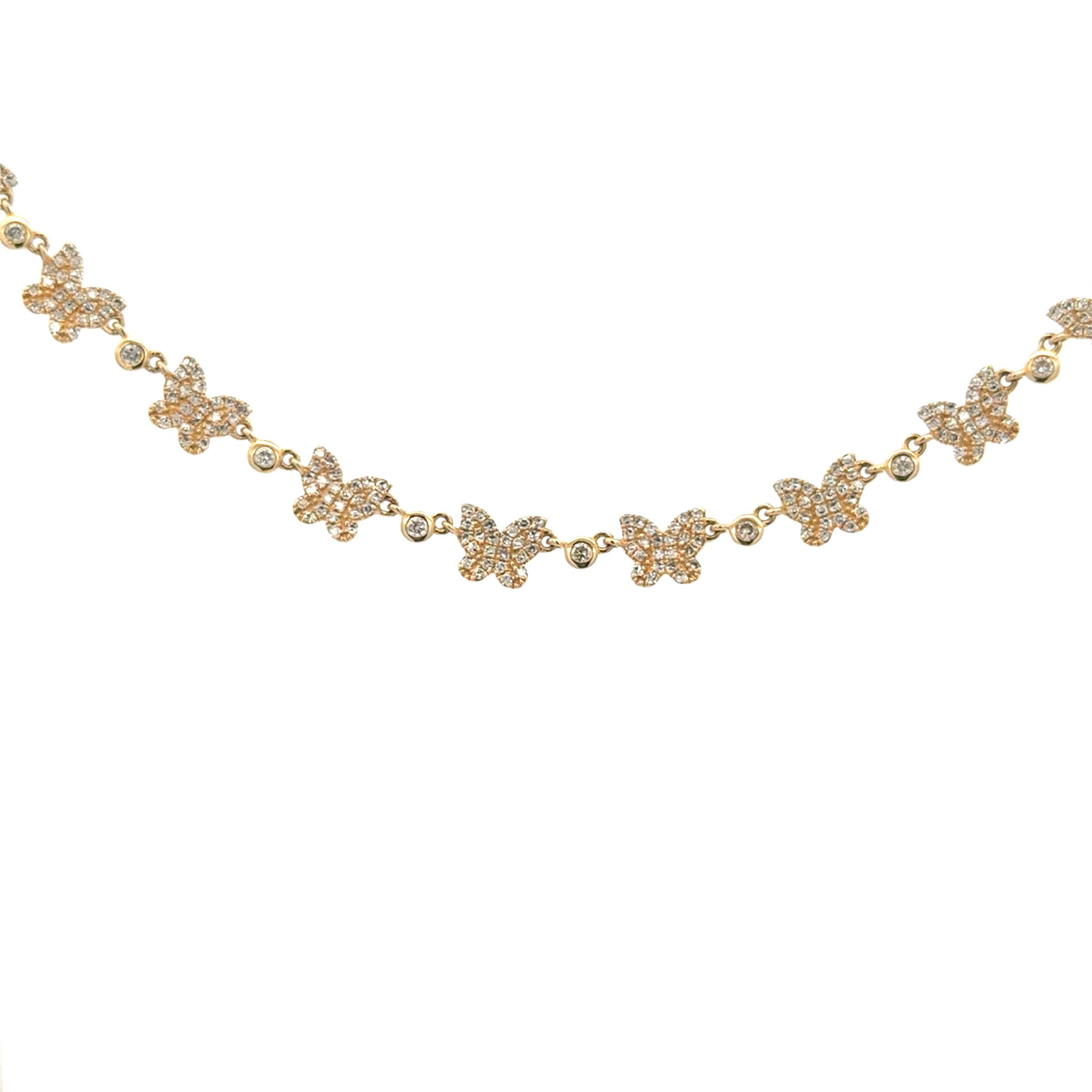Mehr Diamant-Schmetterlingsglieder-Halskette 1,16 Karat 14KT Gelbgold Verstellbar (Rundschliff) im Angebot