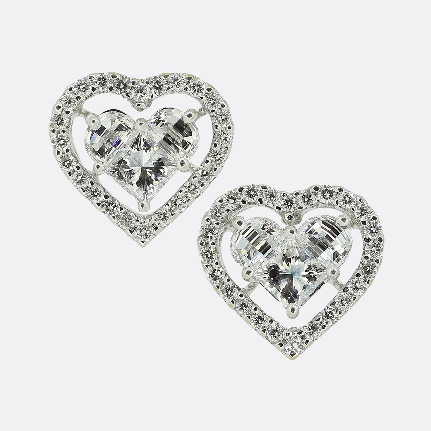 Multi Diamond Cluster Heart Earrings For Sale