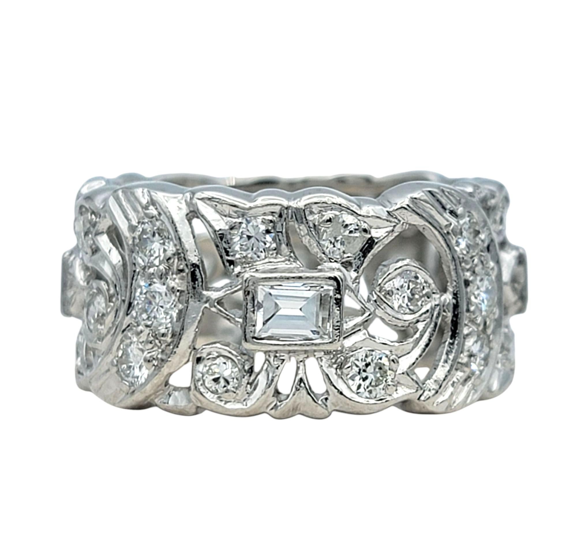 Contemporary Multi Diamond Crescent Motif Cutout Wide Band Ring in Polished Platinum For Sale