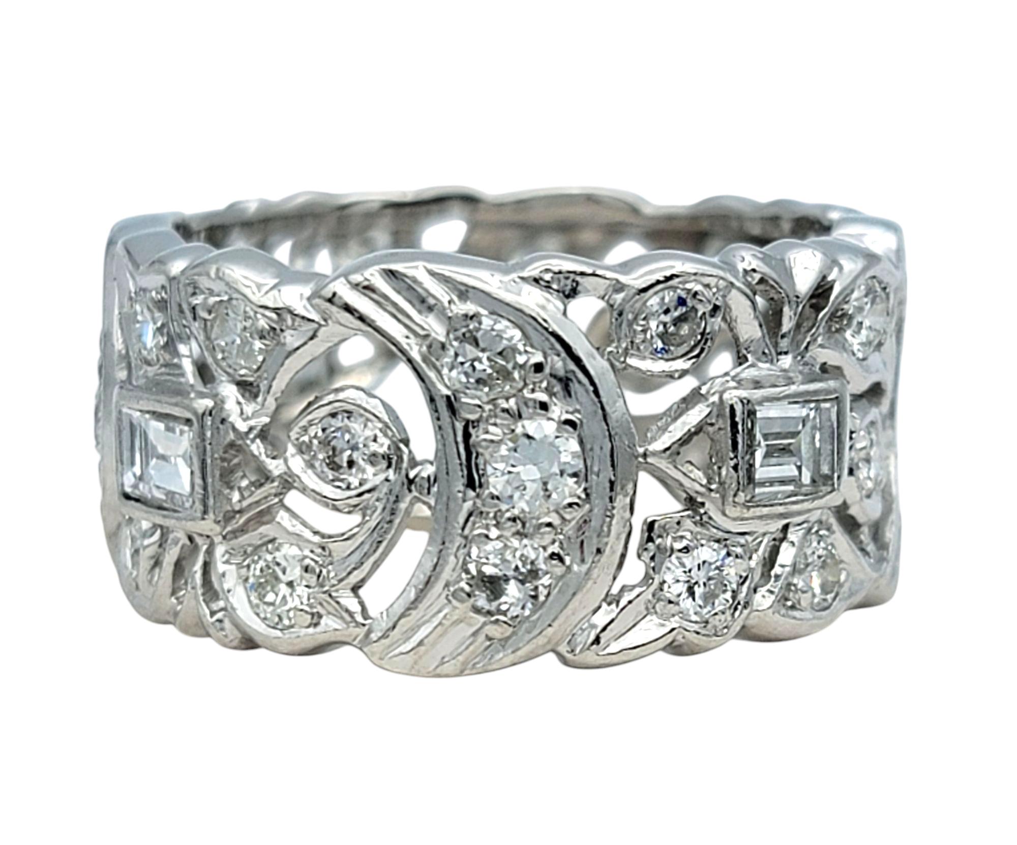 Baguette Cut Multi Diamond Crescent Motif Cutout Wide Band Ring in Polished Platinum For Sale