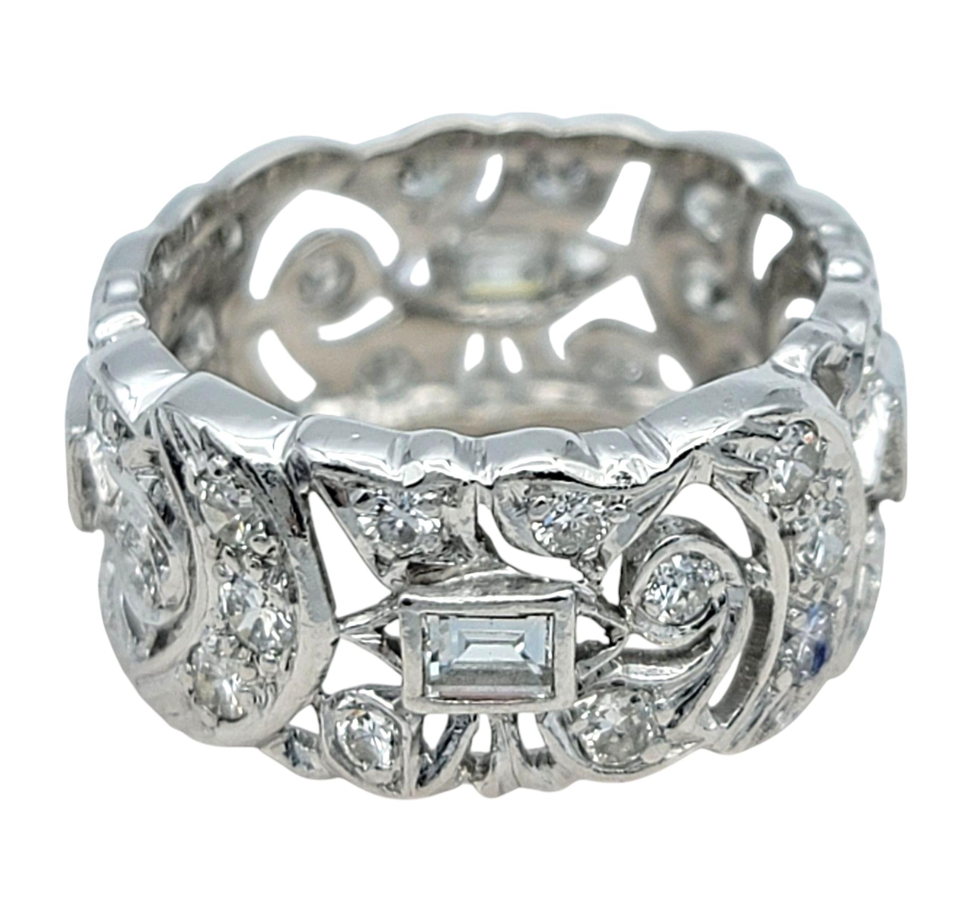 Multi Diamond Crescent Motif Cutout Wide Band Ring in Polished Platinum In Good Condition For Sale In Scottsdale, AZ