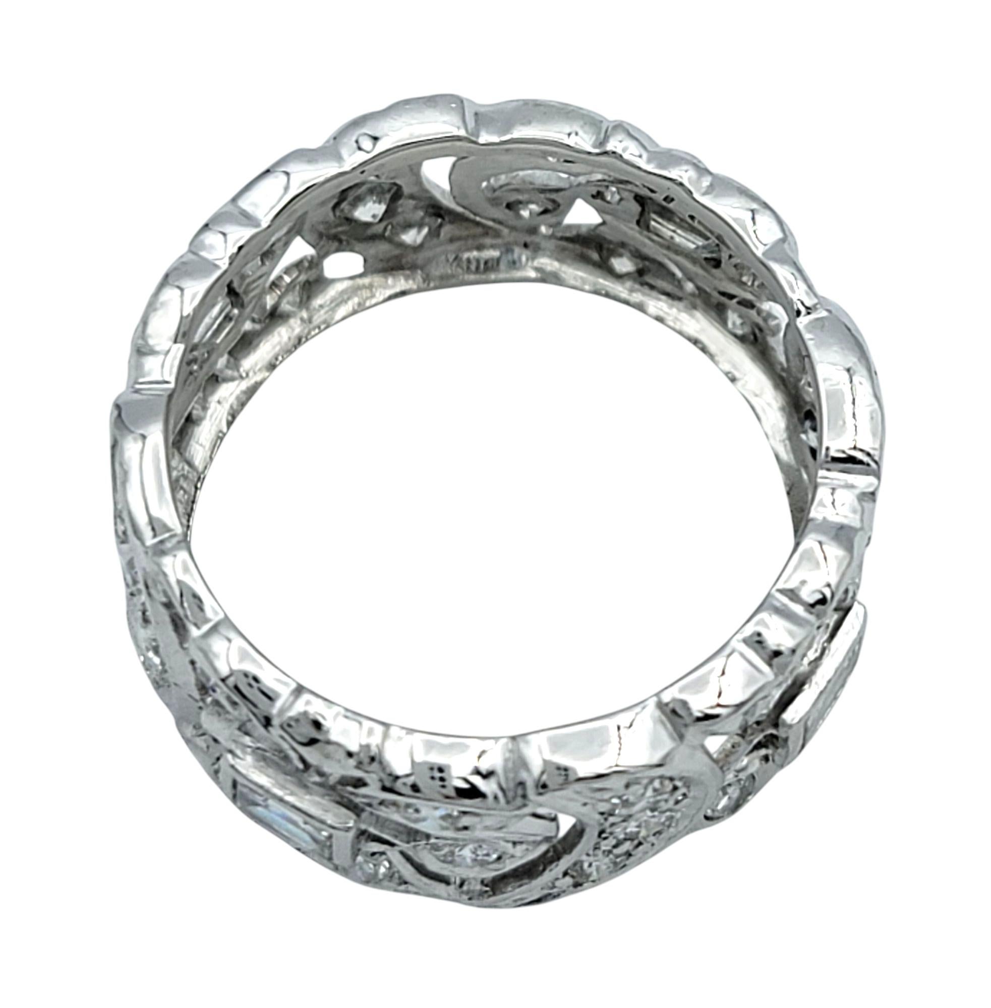 Women's Multi Diamond Crescent Motif Cutout Wide Band Ring in Polished Platinum For Sale