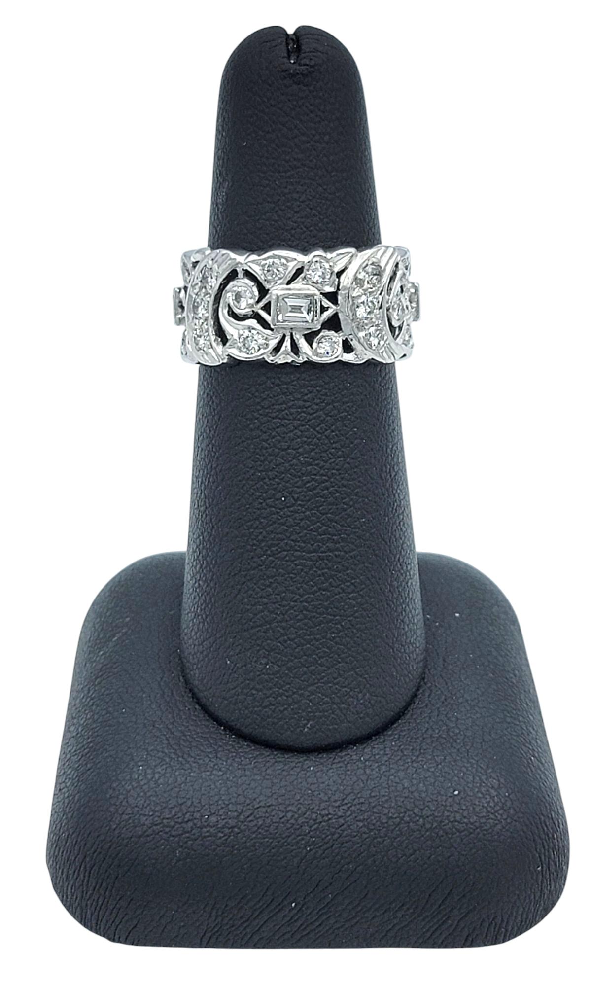 Multi Diamond Crescent Motif Cutout Wide Band Ring in Polished Platinum For Sale 1