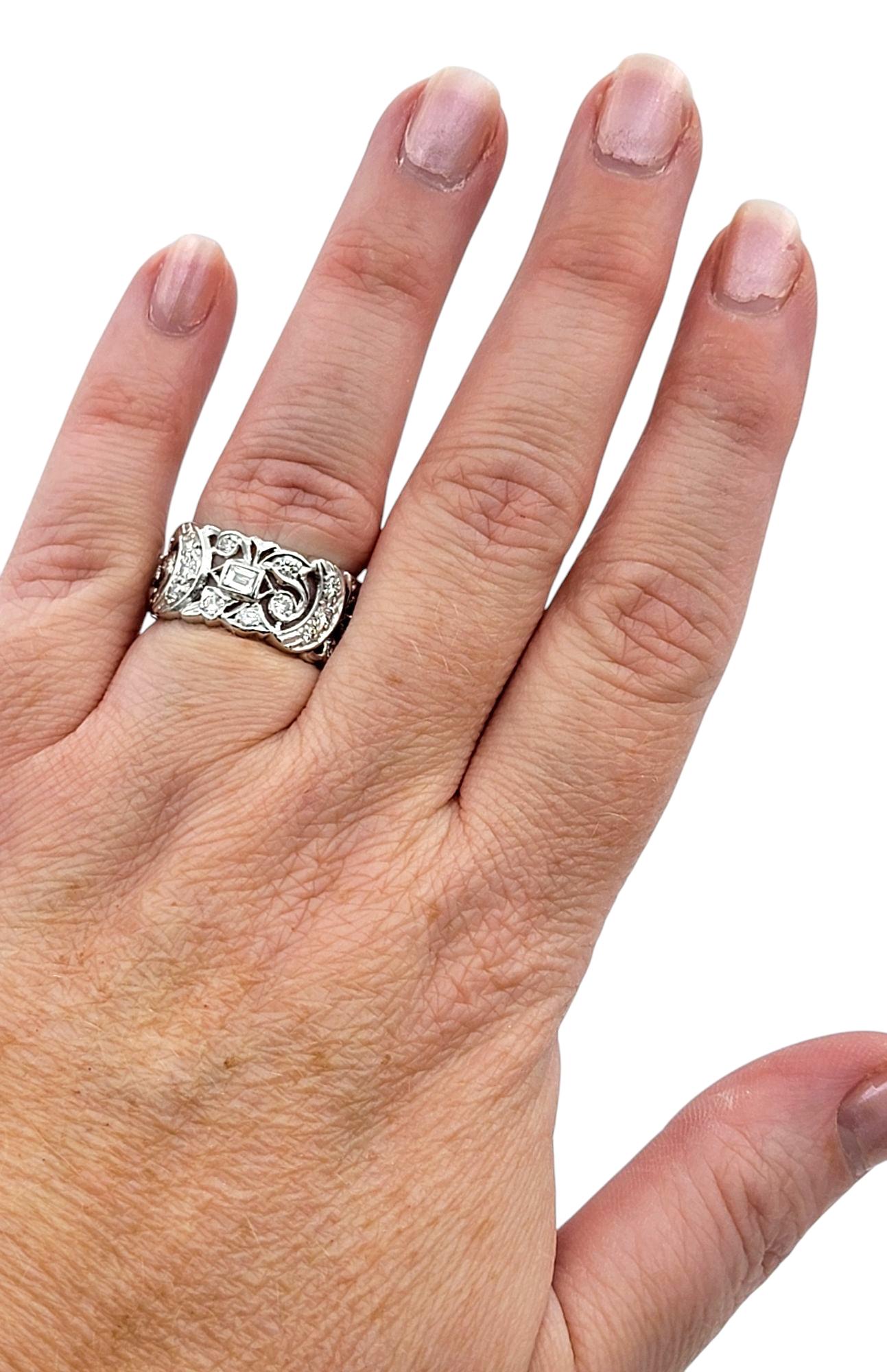 Multi Diamond Crescent Motif Cutout Wide Band Ring in Polished Platinum For Sale 2