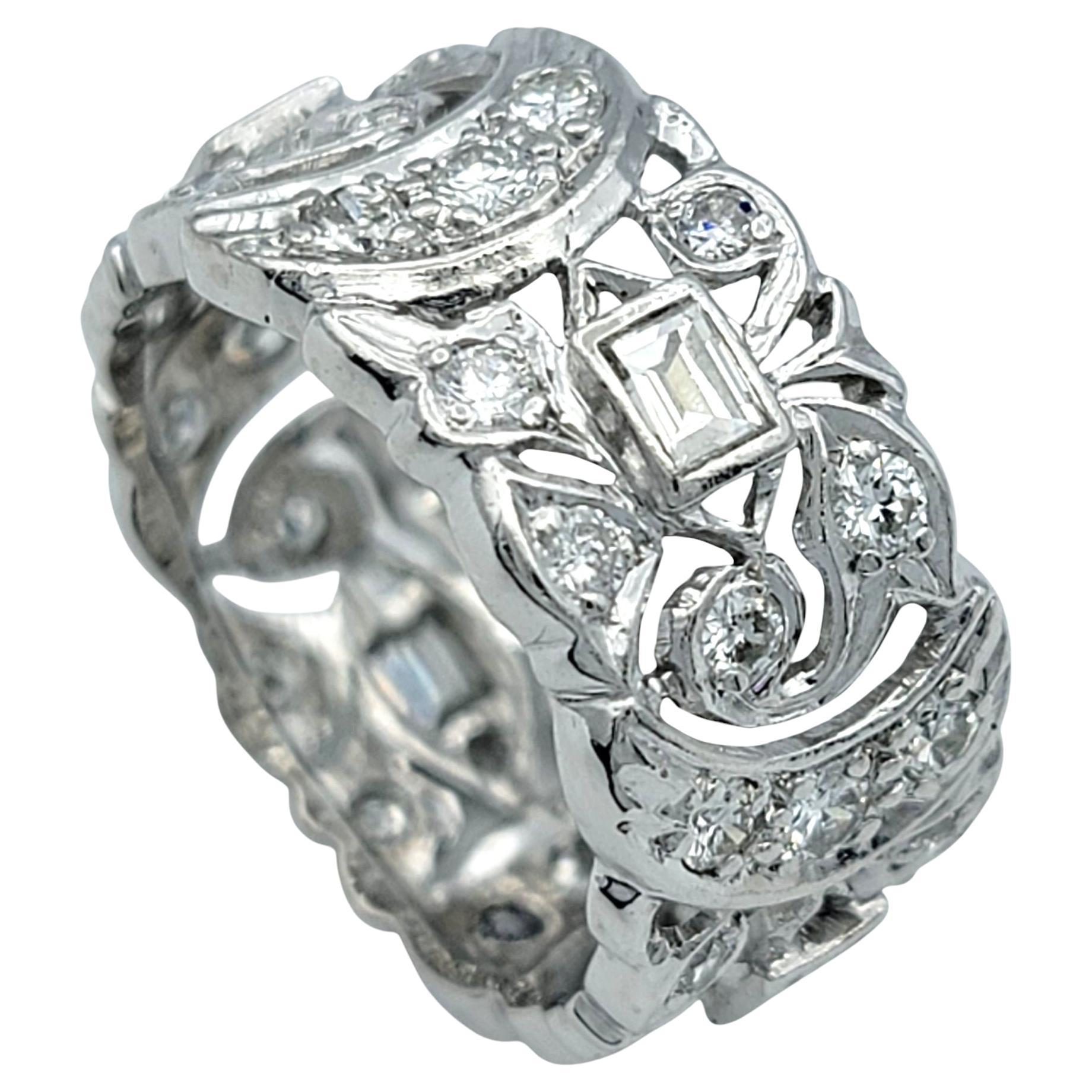 Multi Diamond Crescent Motif Cutout Wide Band Ring in Polished Platinum