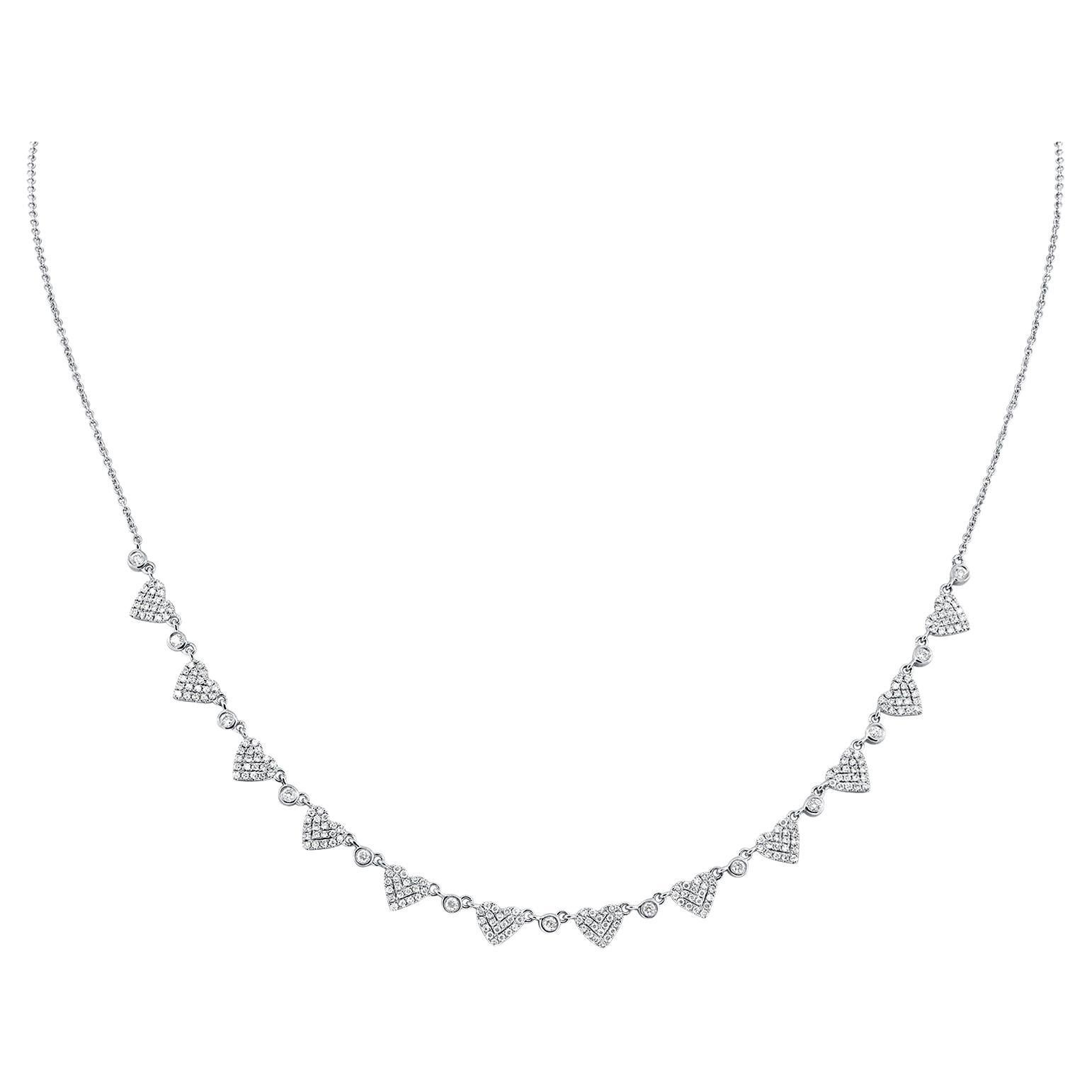 Multi Diamond Heart Bezel Link Necklace 0.94 Carats 14 Karat White Gold