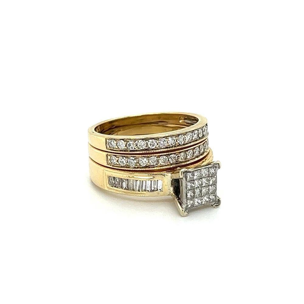 Simply Beautiful! Vintage Diamond Gold 3 Ring Wedding Set Bands. Featuring securely Hand Baguette, Princess and Round Diamonds, weighing approx. 1.50tcw. Hand crafted 14K Yellow Gold mounting. Ring size 7, we offer ring resizing. The rings epitomize